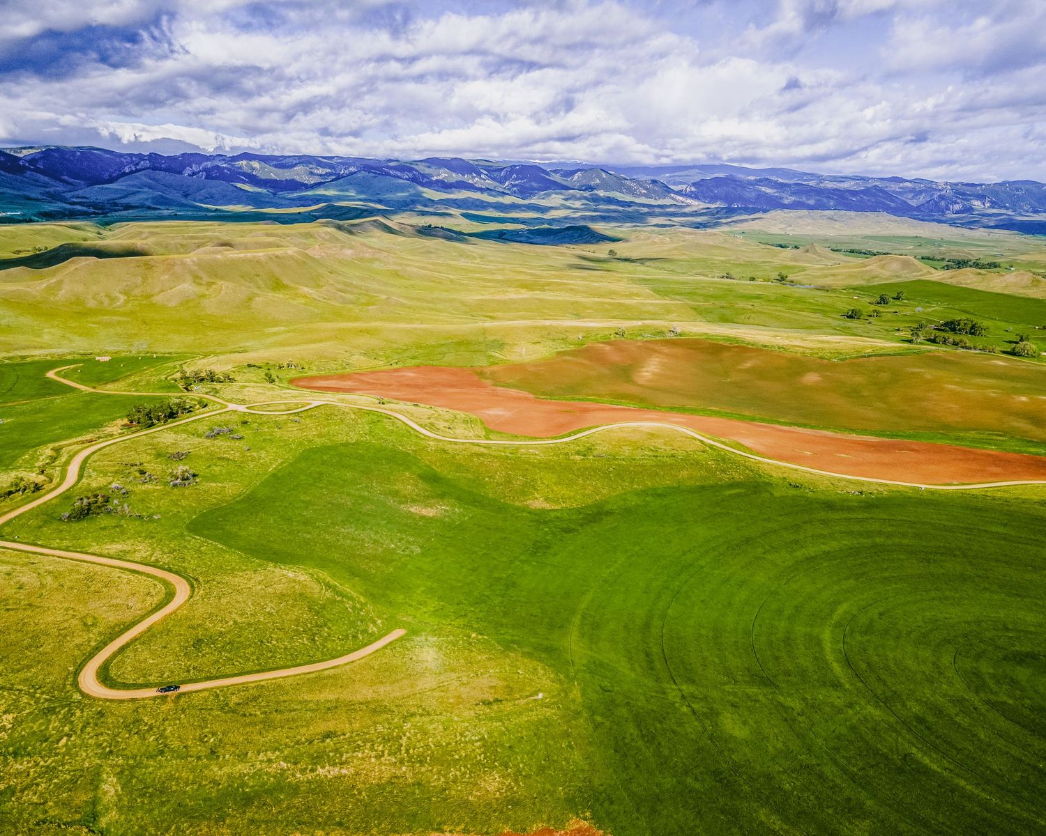 Sweeping aerial landscape of green pastures with winding dirt roads and mountain backdrop.