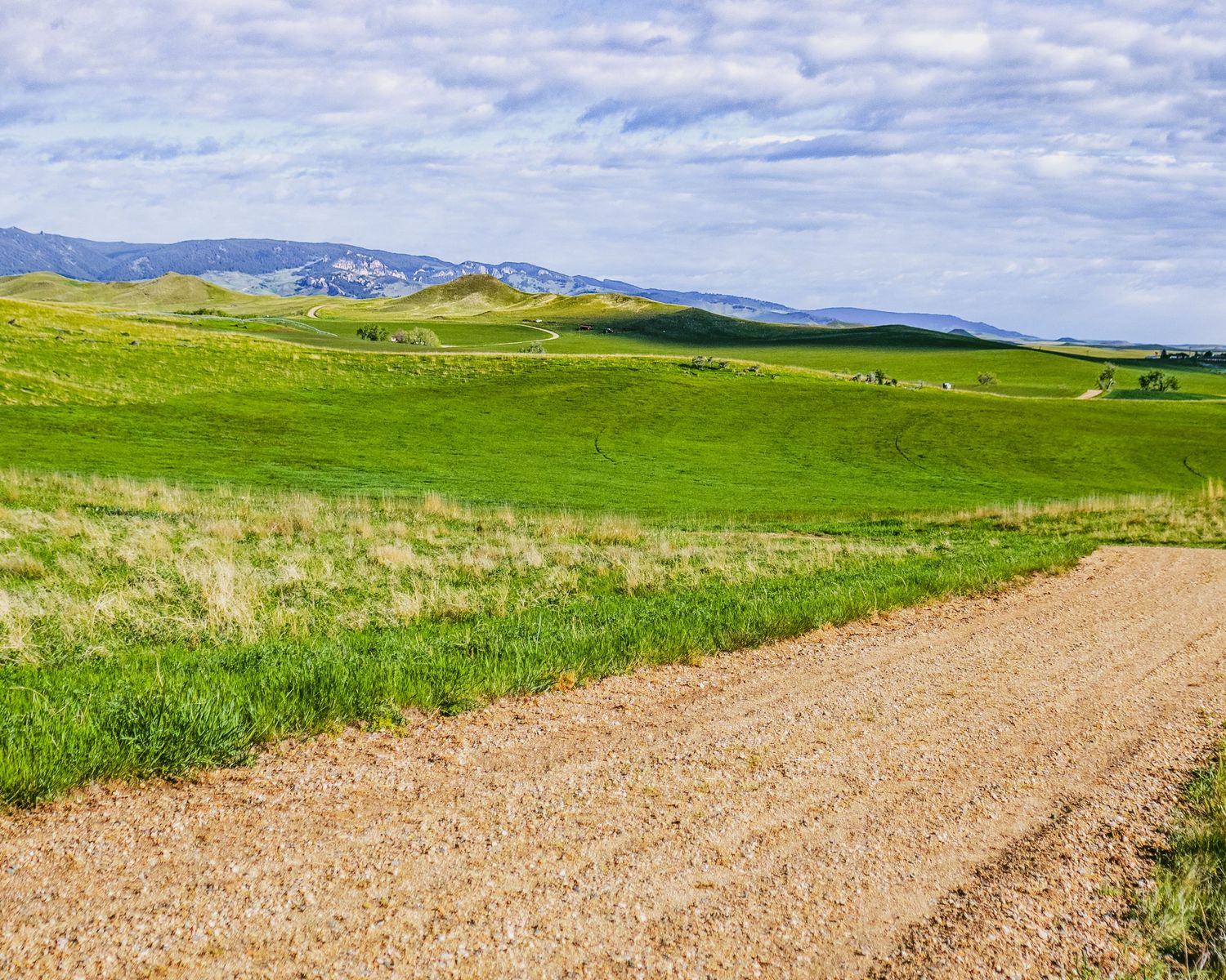 Rural dirt road cutting through golden fields with mountains visible in the distance.