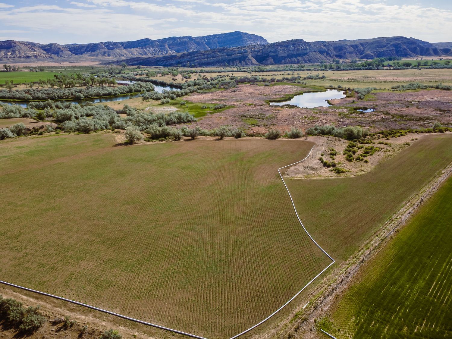 Aerial view of lush green farmland with a river, ponds, and mountain backdrop in a scenic rural valley.