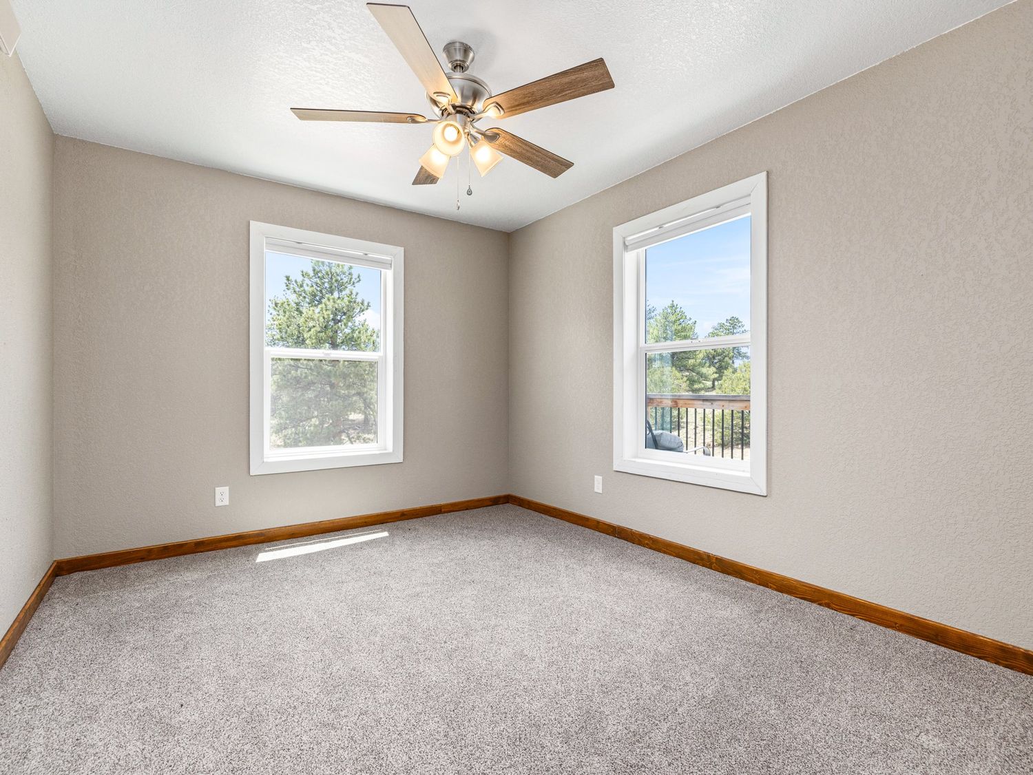 Bright empty bedroom with ceiling fan, neutral carpet, and two windows offering scenic outdoor views.