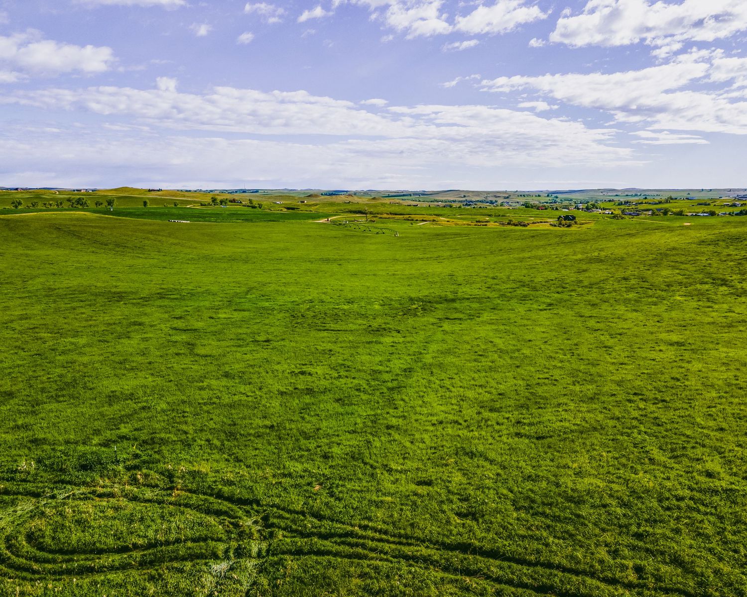Aerial view of vast green pastureland with tire tracks creating patterns across the field.