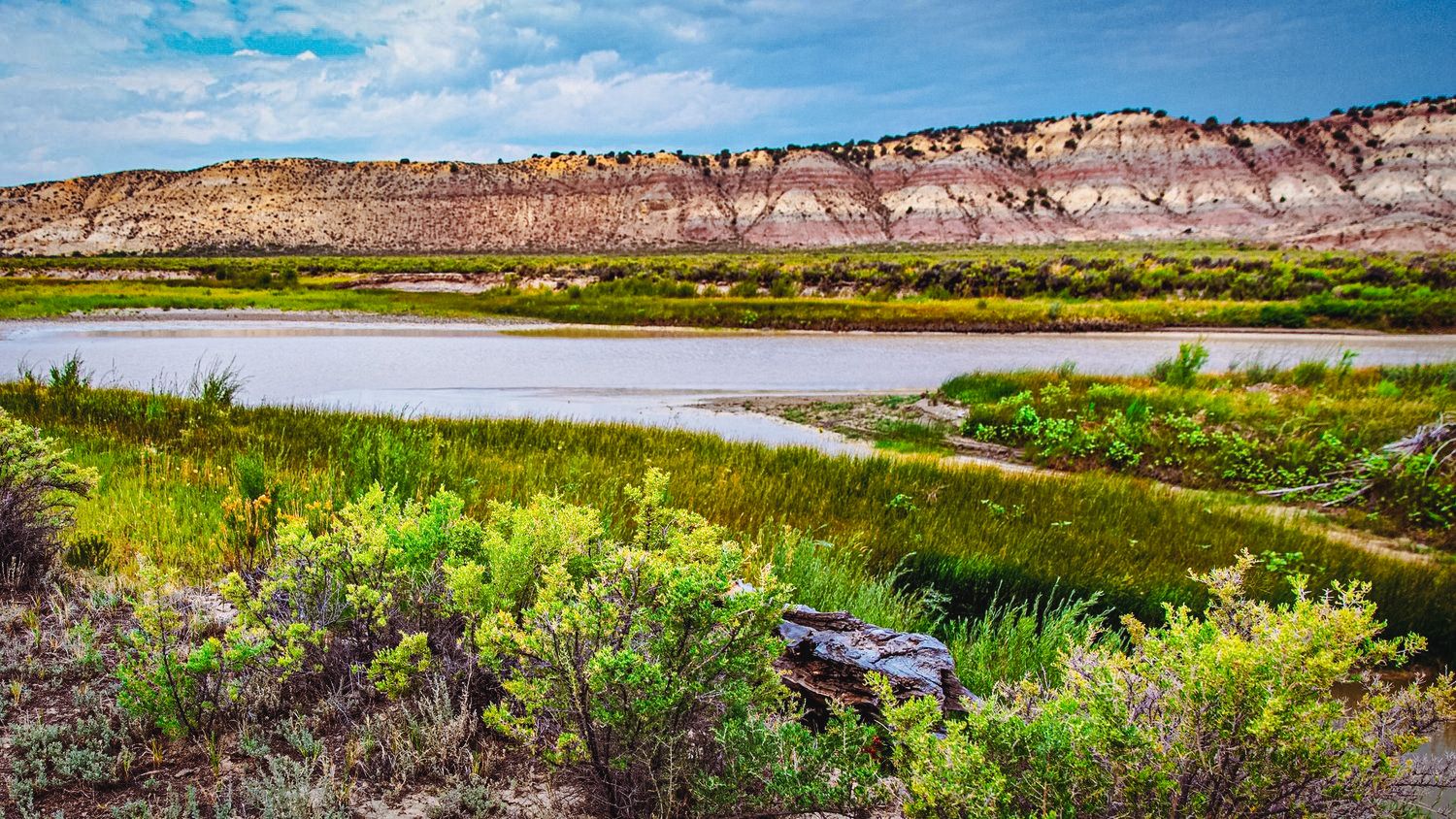 Scenic river landscape with lush green shrubs, calm water, and layered sandstone cliffs under a partly cloudy sky.