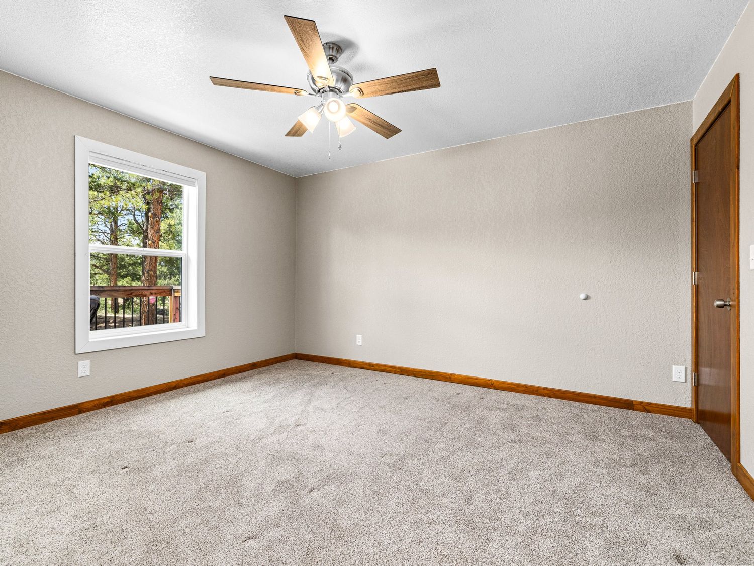 Spacious empty bedroom with neutral carpet, ceiling fan, crown molding, and a window overlooking a deck.