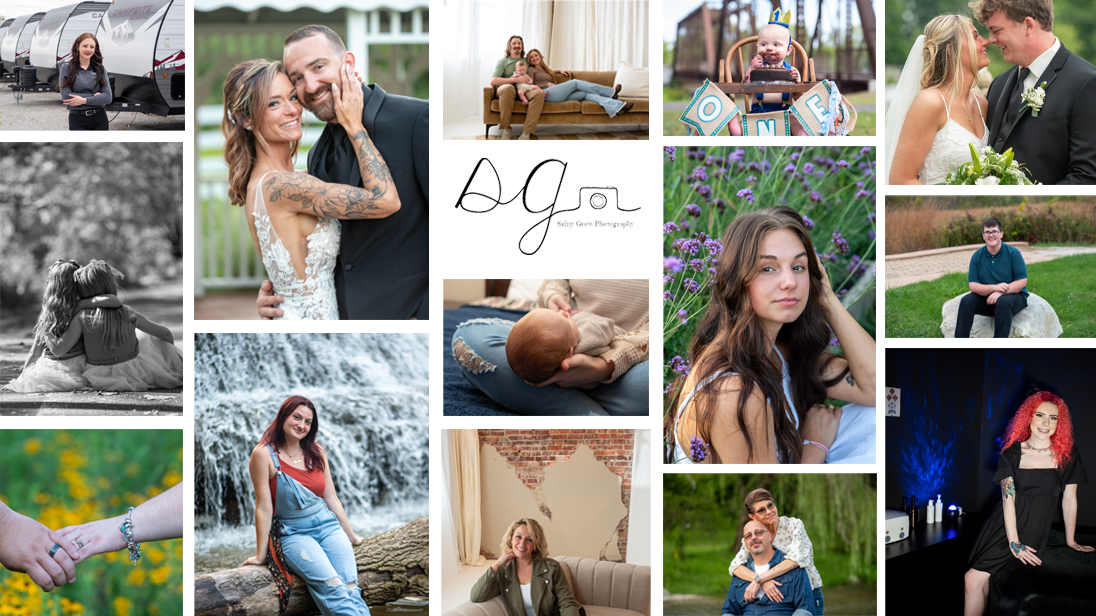 Collage of lifestyle and portrait photography showcasing various outdoor photo sessions.