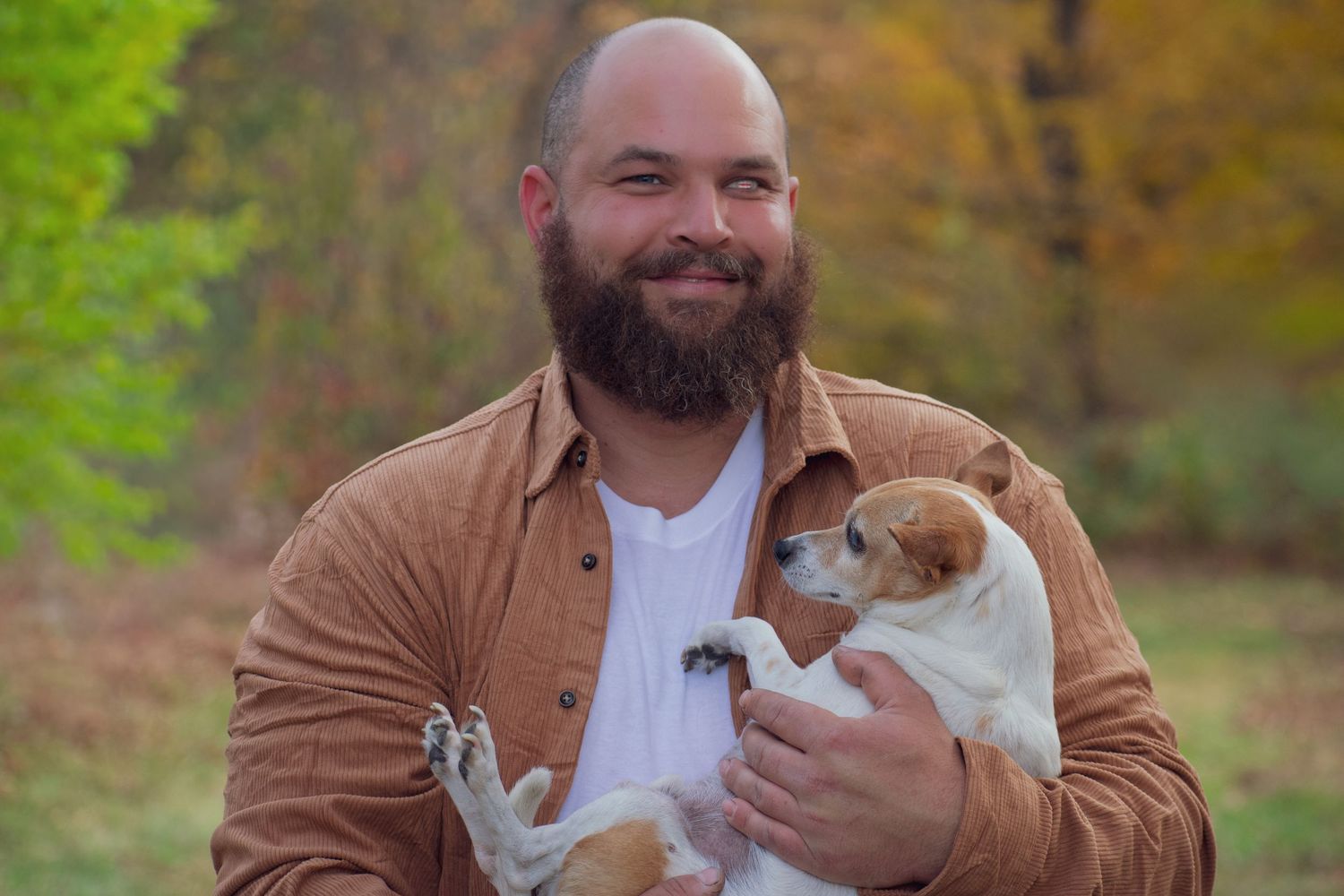 Series of casual outdoor portraits with man and dog in autumn setting.