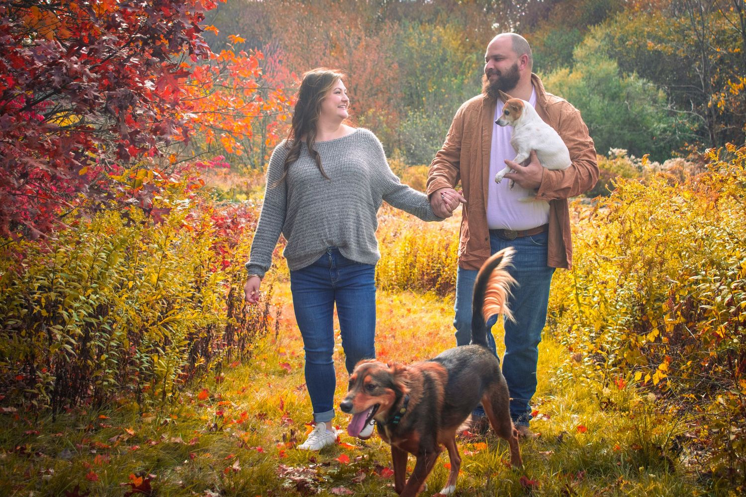 Couple walking with their dogs through vibrant fall foliage.