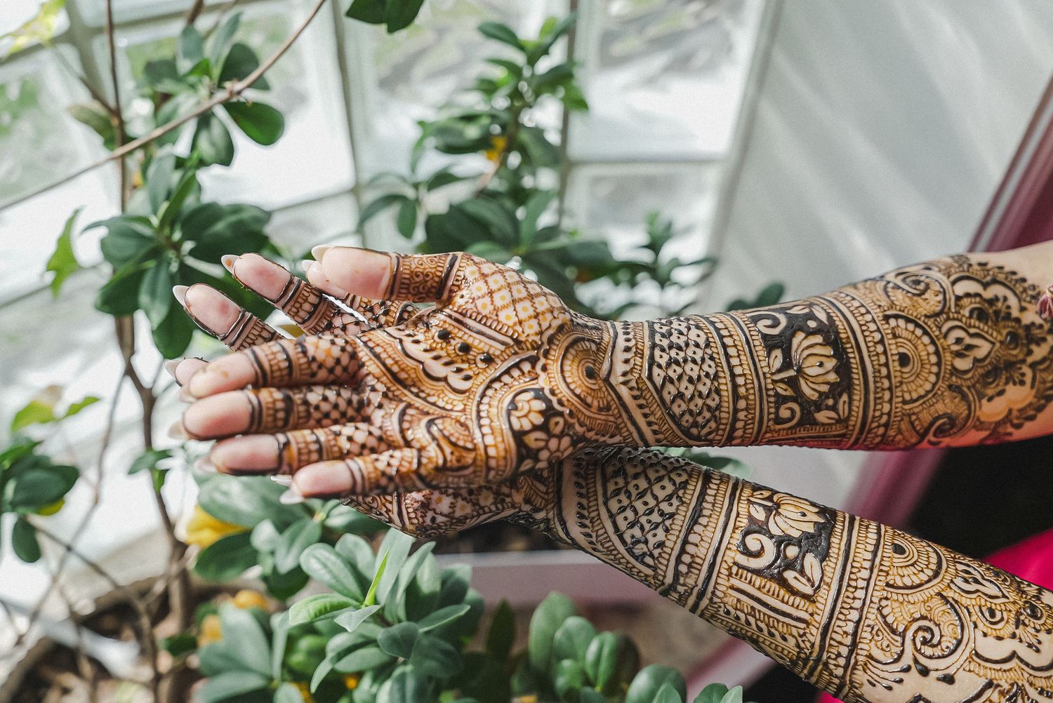 Detailed mehndi design covering hands and arms with intricate traditional henna patterns.
