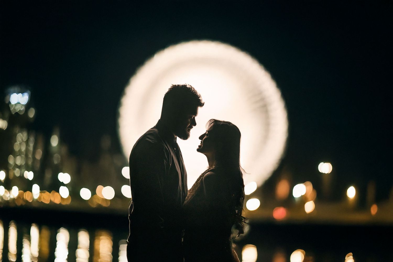 Silhouettes against city lights create a romantic nighttime scene.