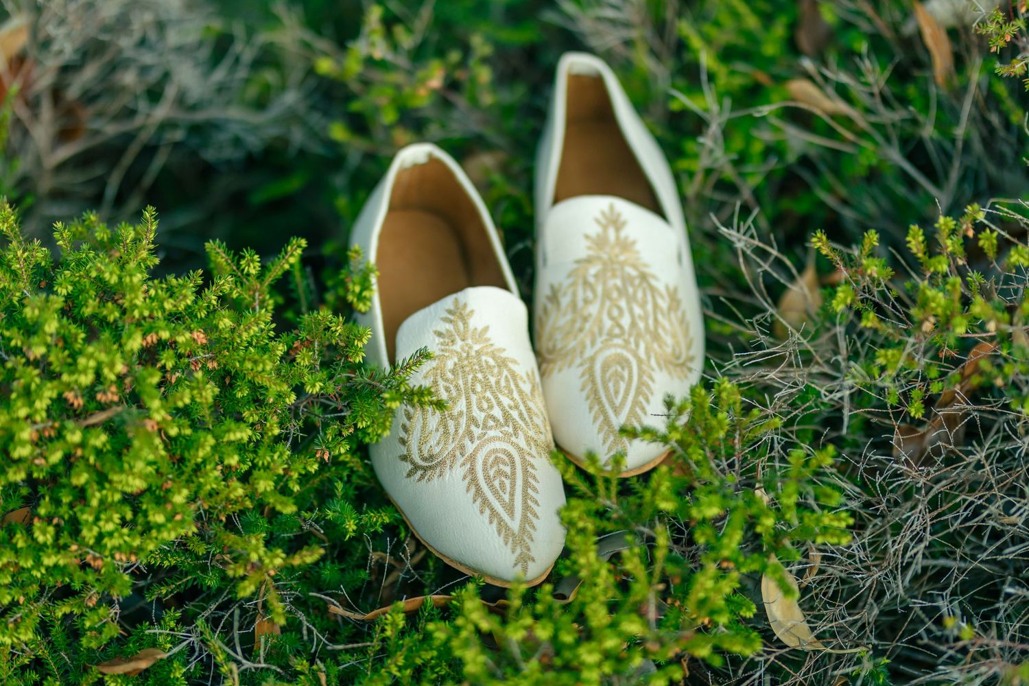Ornate wedding shoes placed among green foliage outdoors.