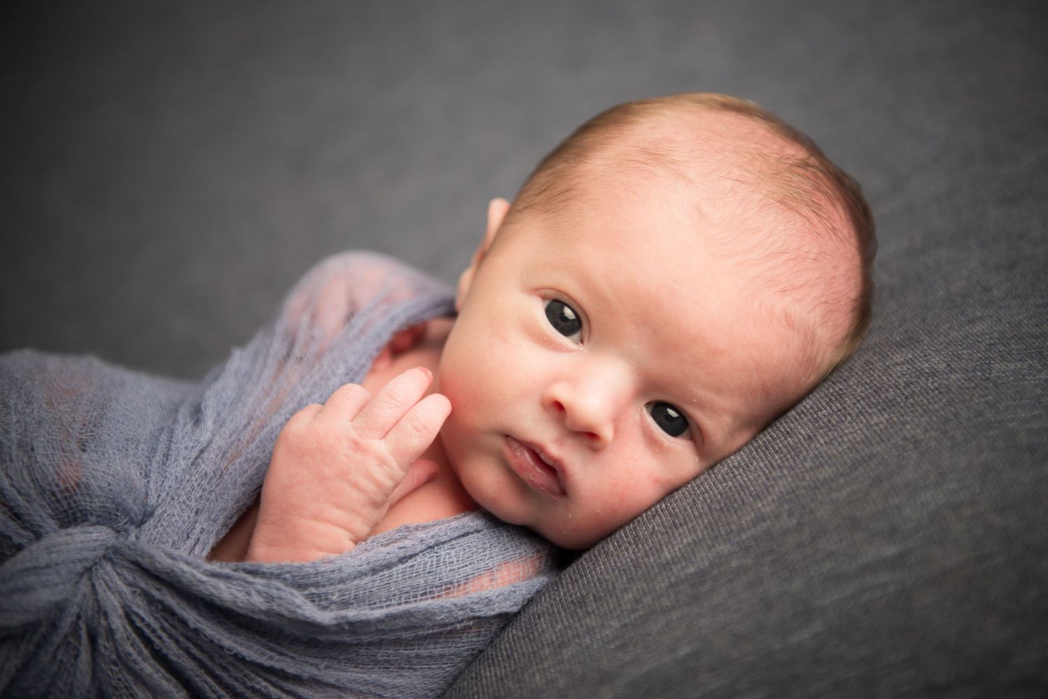 Close-up portraits of a newborn baby in grayscale tones.