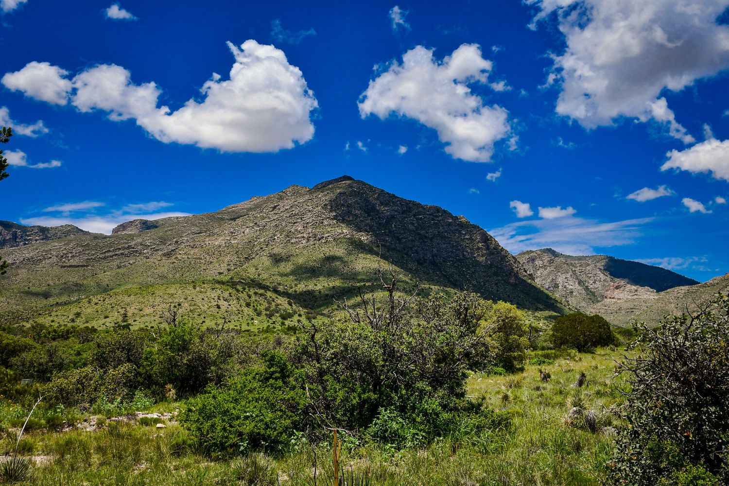 Panoramic mountain landscape with blue sky and white puffy clouds.