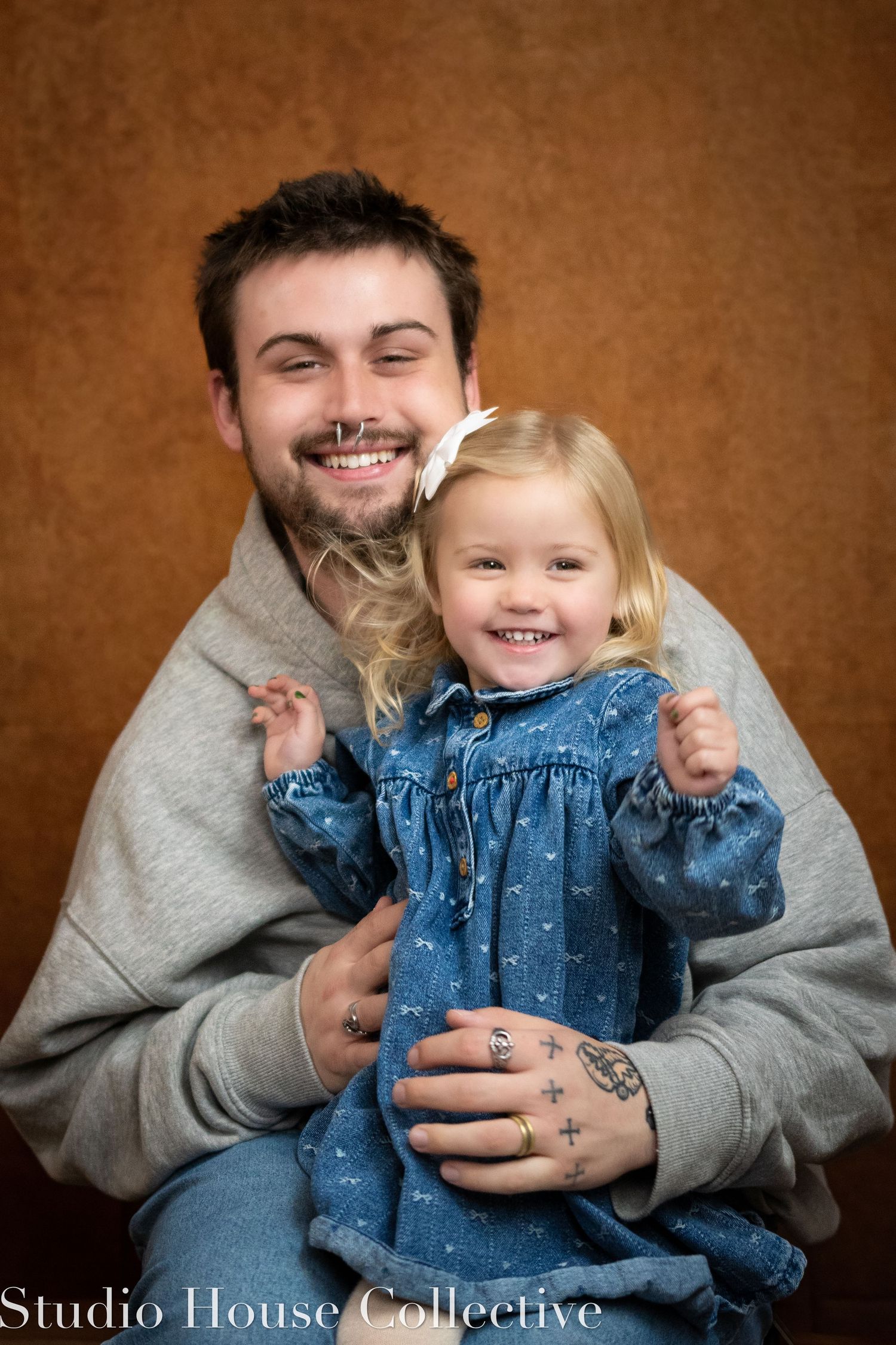 A heartwarming sequence of candid moments showing playful interaction between adult and child wearing denim and grey.