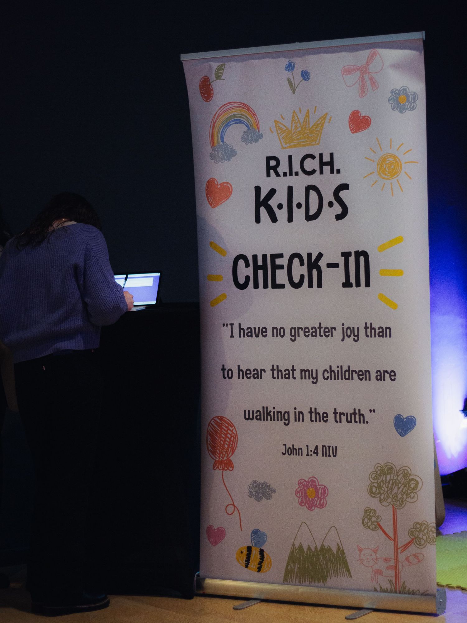 Standing announcement for kids ministry at a Christian Church with the words 