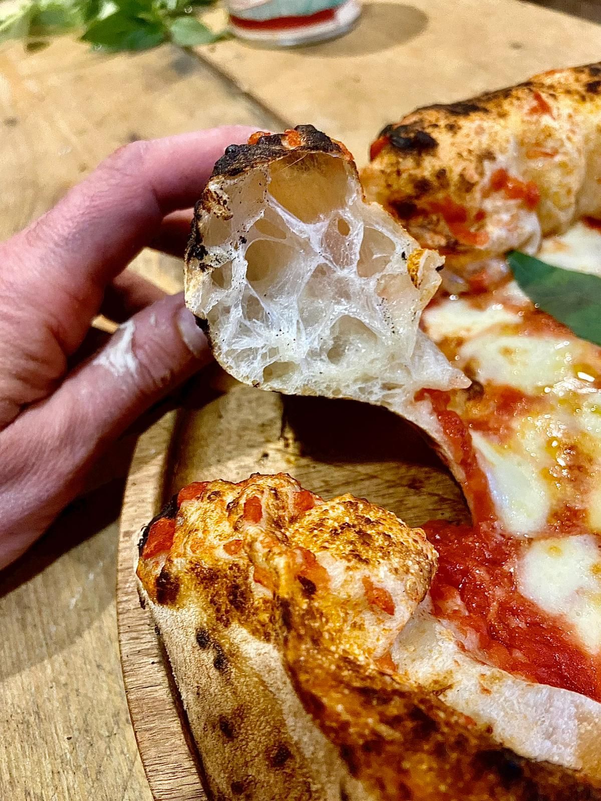 Hand holding pizza slice showing airy open crumb structure of Neapolitan crust.