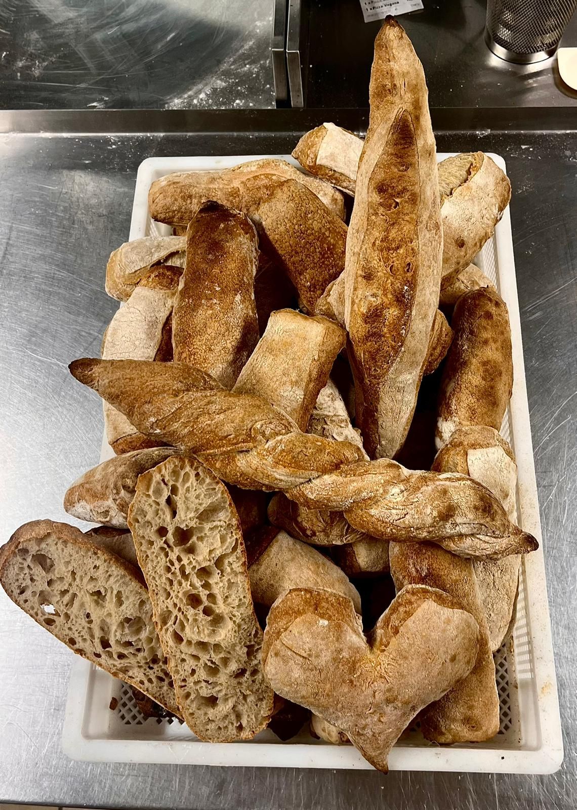 Freshly baked artisan sourdough baguettes with open crumb texture arranged in a commercial kitchen tray.