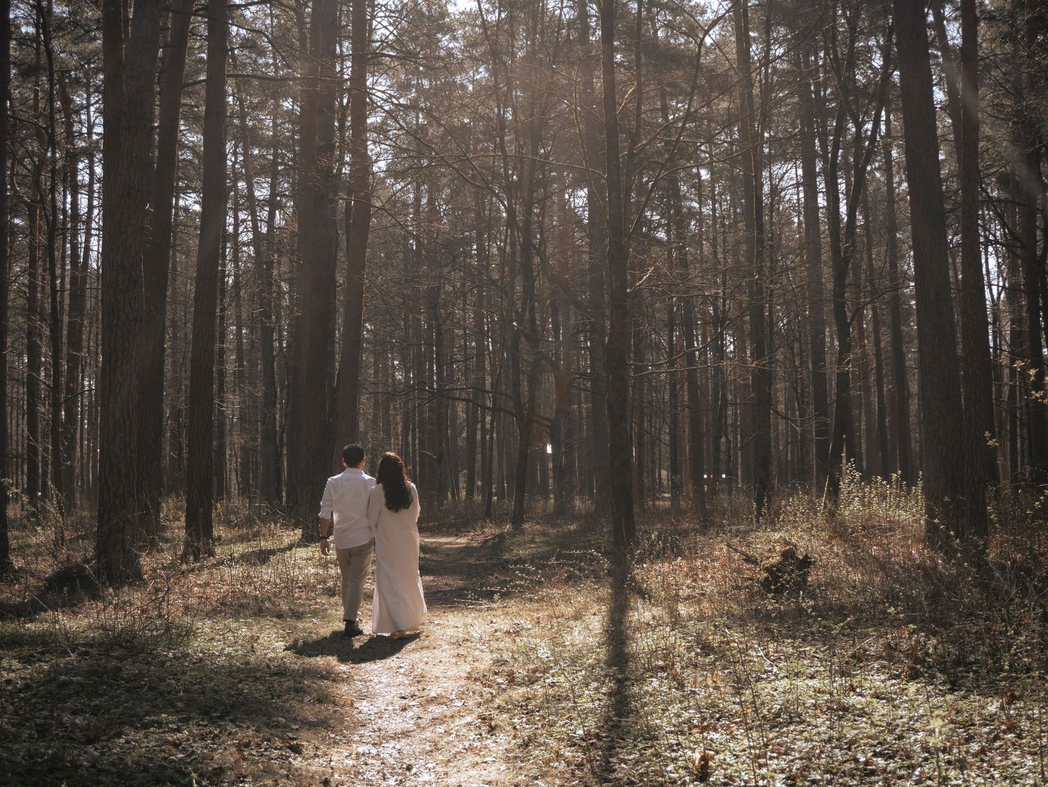 Couple in white outfits walking together on a sunlit forest path surrounded by tall pine trees.