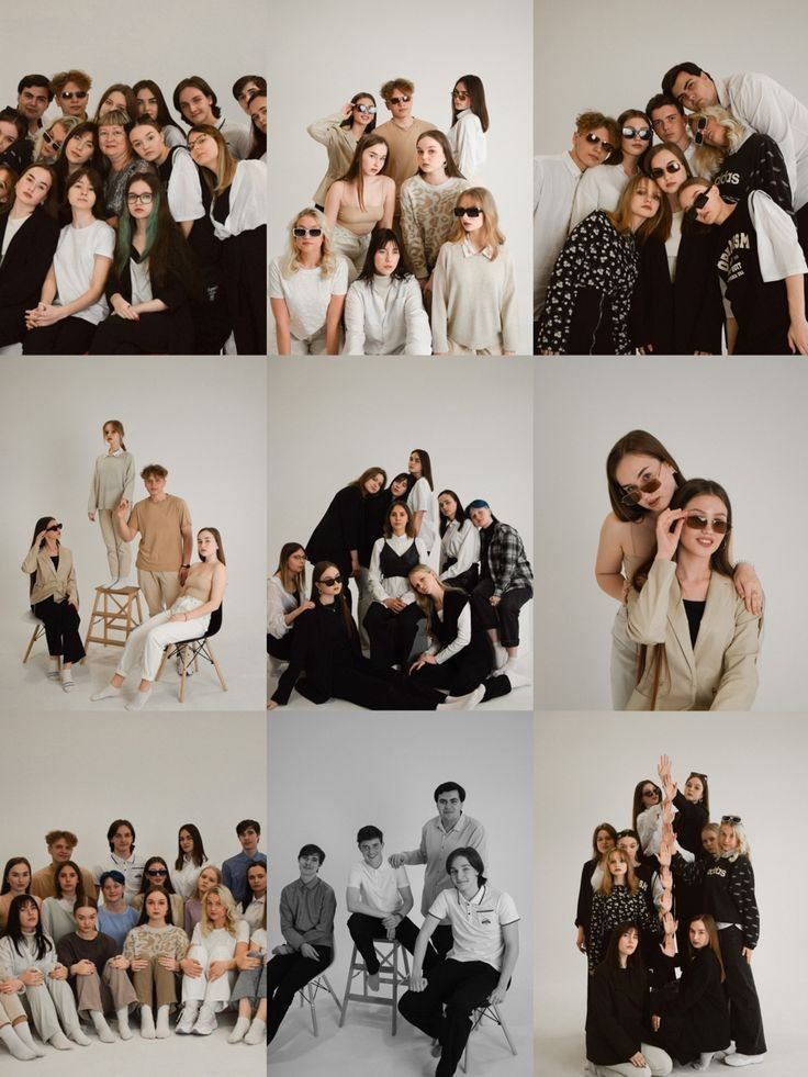 Collage of nine group photos featuring stylish young people posing together on a white background.