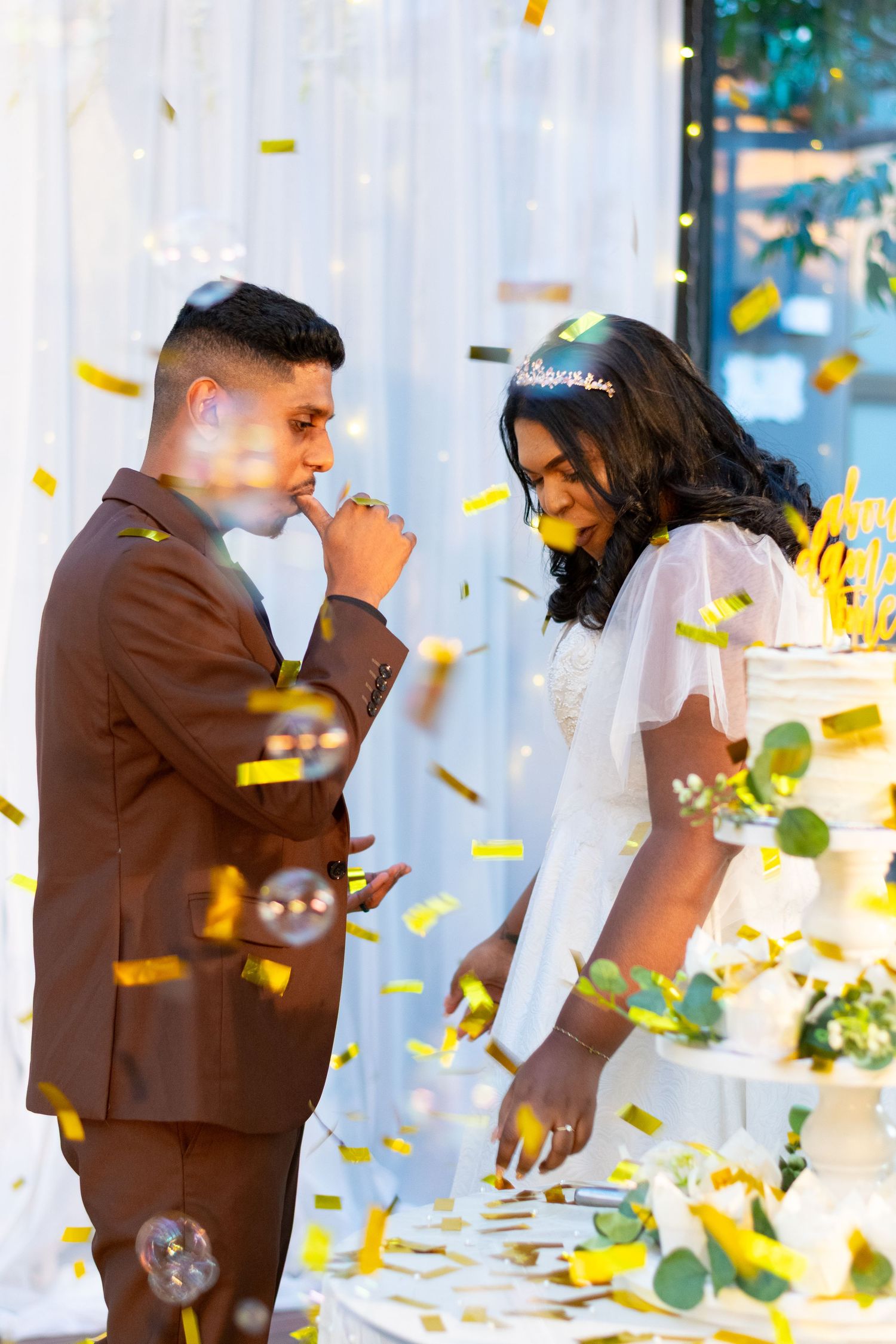 A couple celebrates in a white wedding which took place in Durban.