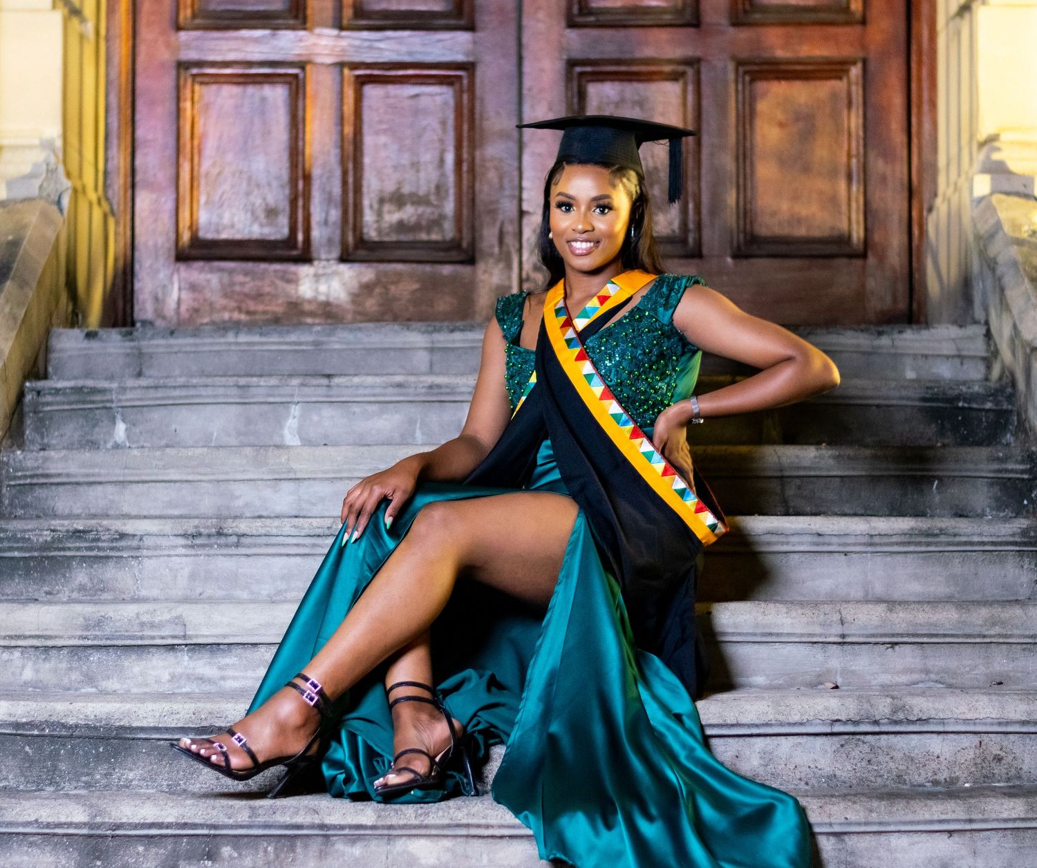 Graduate taking part in an evening photoshoot in Durban Central.
