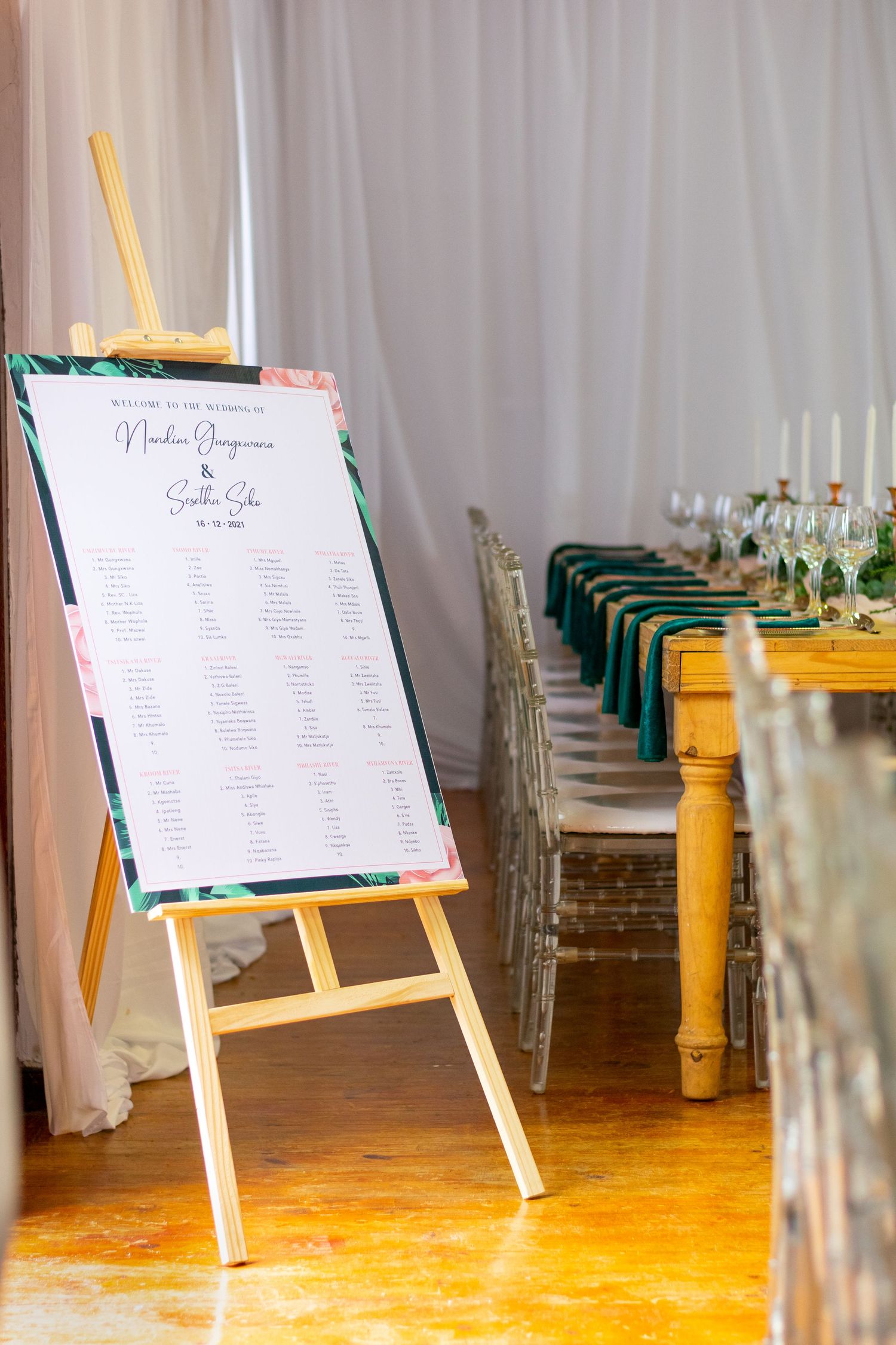 Guest list displayed at the entrance of the reception area where a white wedding took place in the Eastern Cape.
