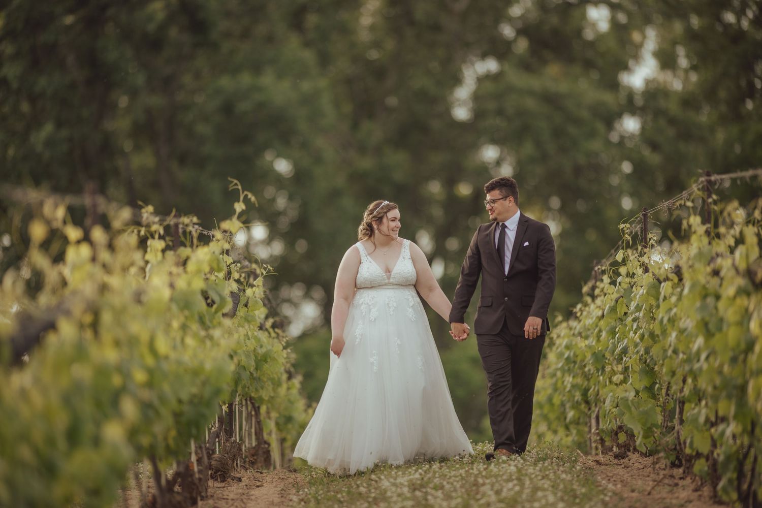 Newlyweds walk together through vineyard rows during wedding photoshoot.