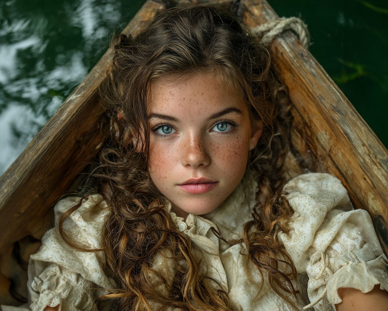 Ethereal portrait with flowing white ruffled collar and natural outdoor lighting.
