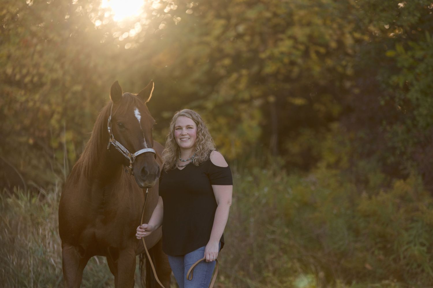 Horse and rider portraits captured during golden hour in a natural setting.