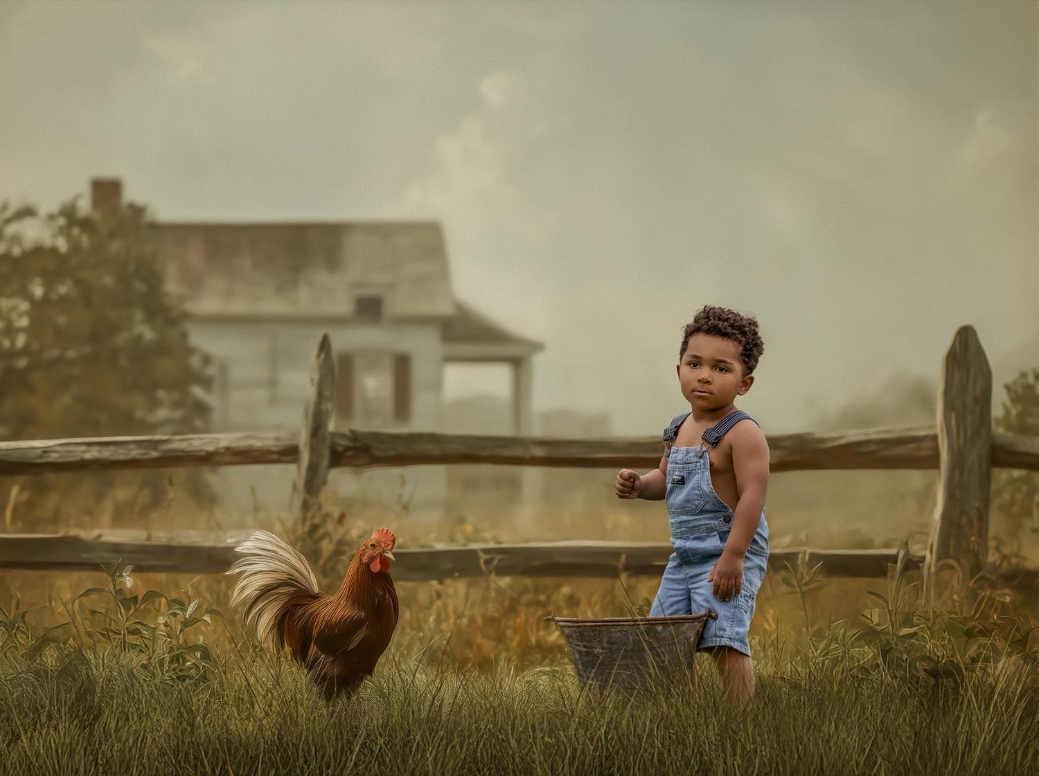 Rural scene of a toddler in overalls watching a rooster near a farmhouse fence.
