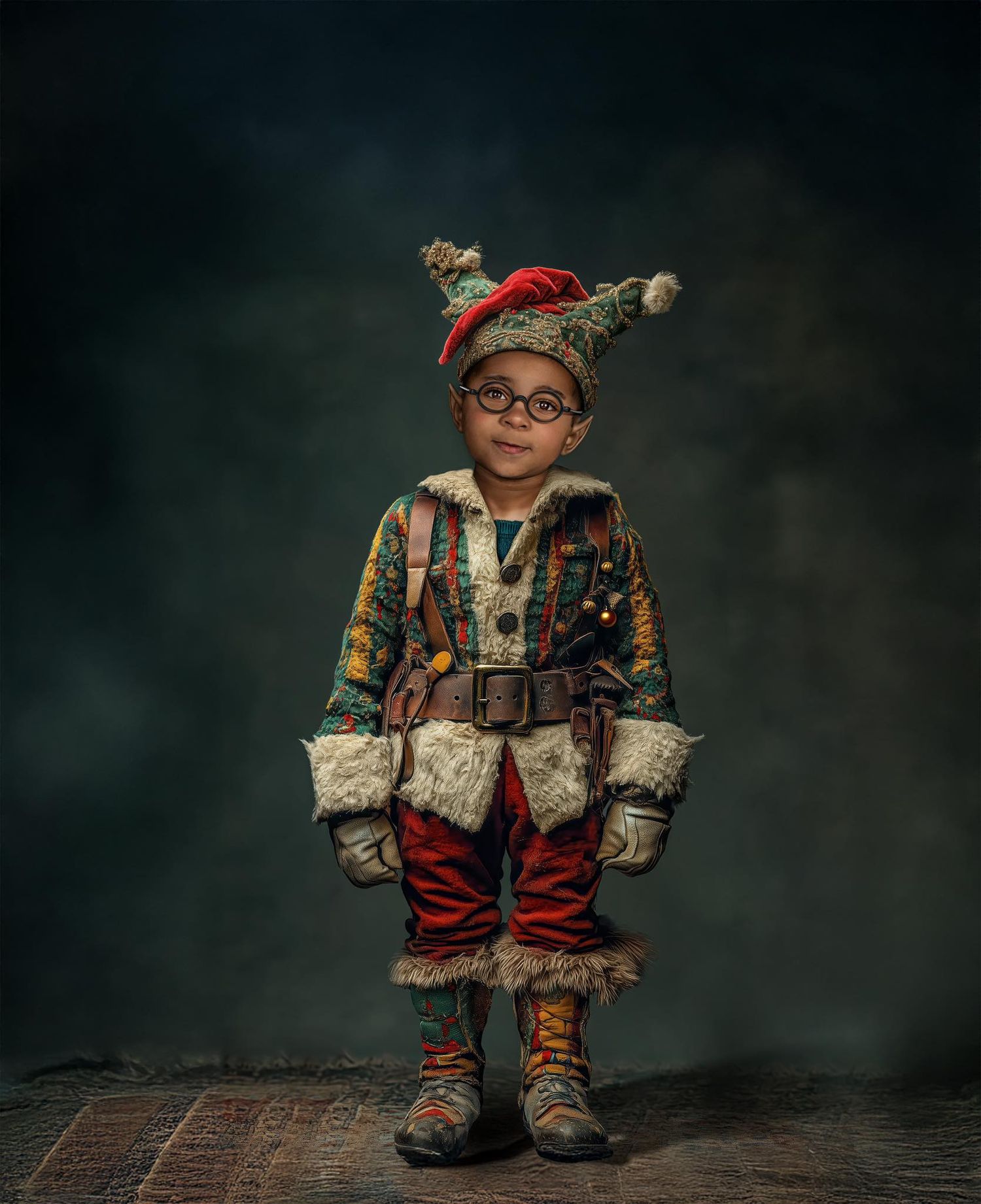 Whimsical character portrait series featuring colorful costume and playful poses on dark background.