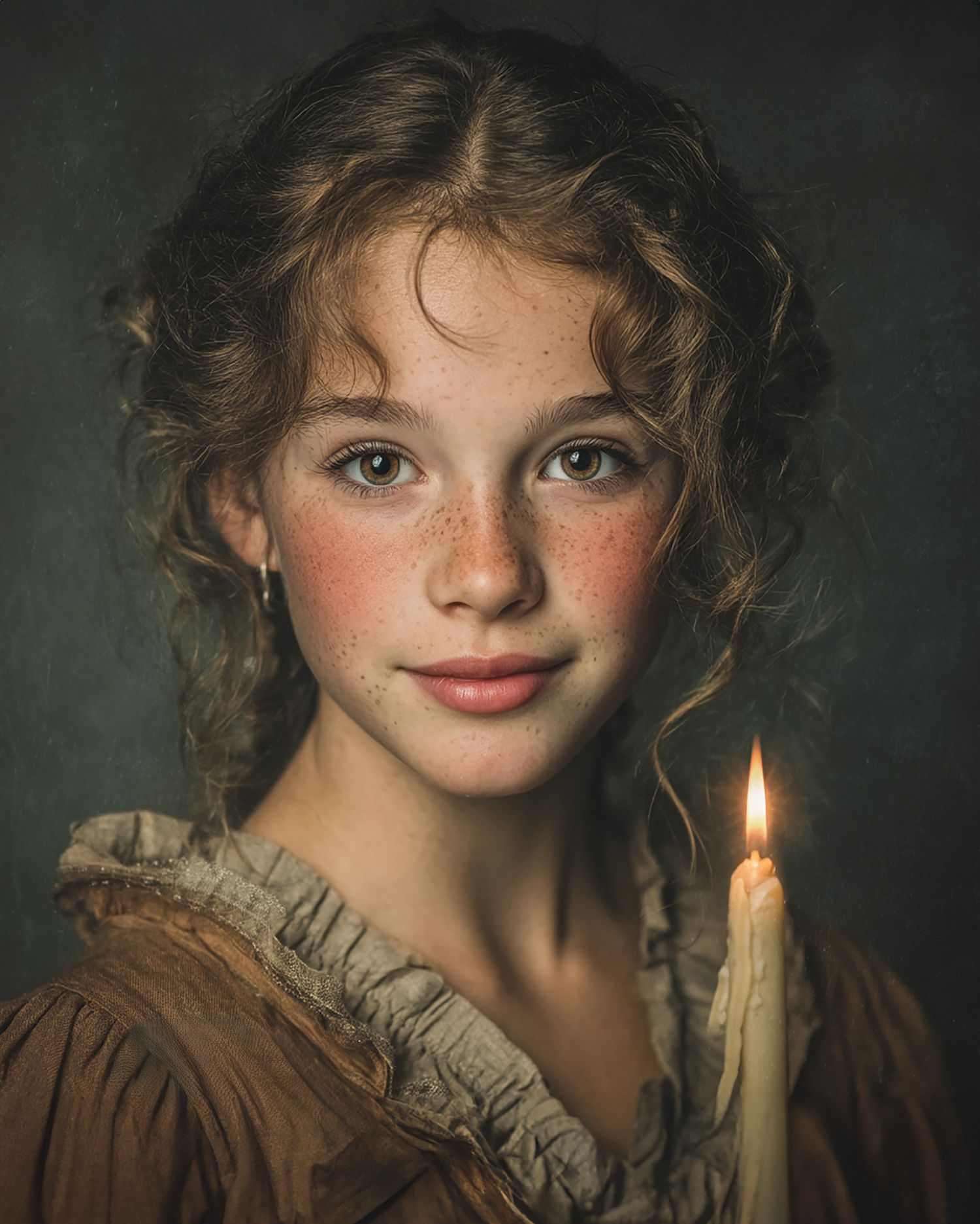 Atmospheric candlelit portrait with ruffled collar creating a classical Renaissance painting effect.