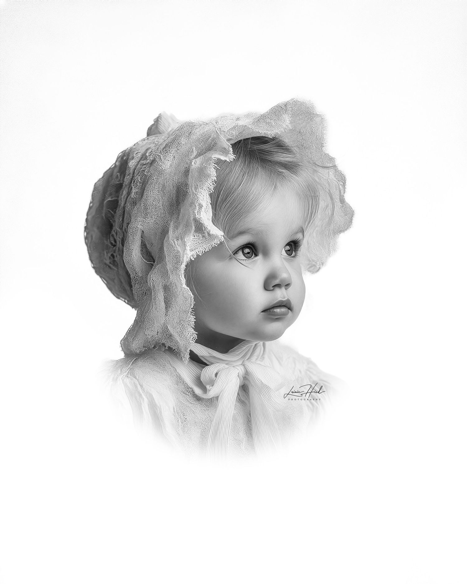 Black and white artistic portrait study showing different angles and expressions with delicate lace details.