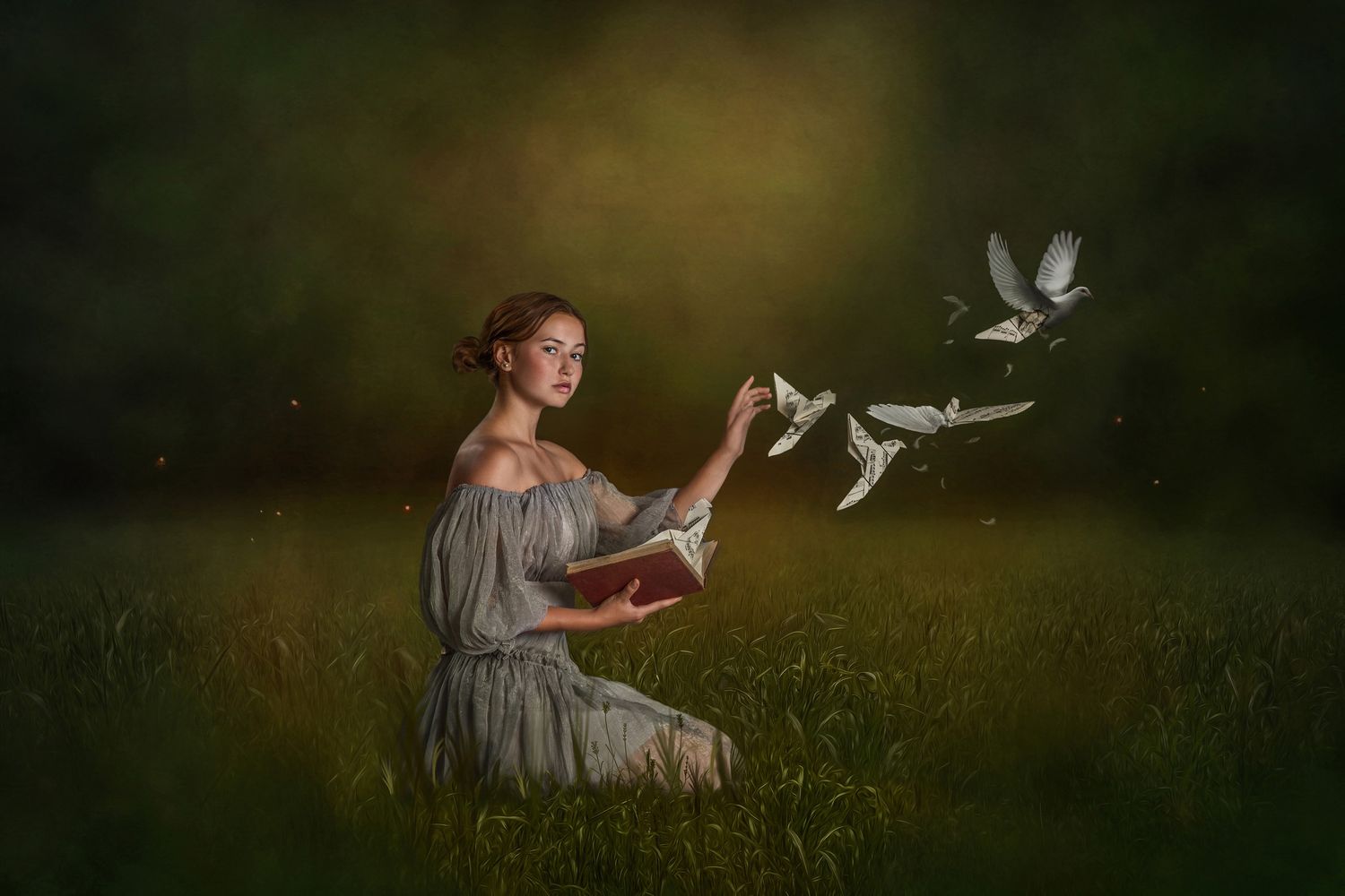 Ethereal outdoor photography sequence with white doves flying in a mystical garden setting.