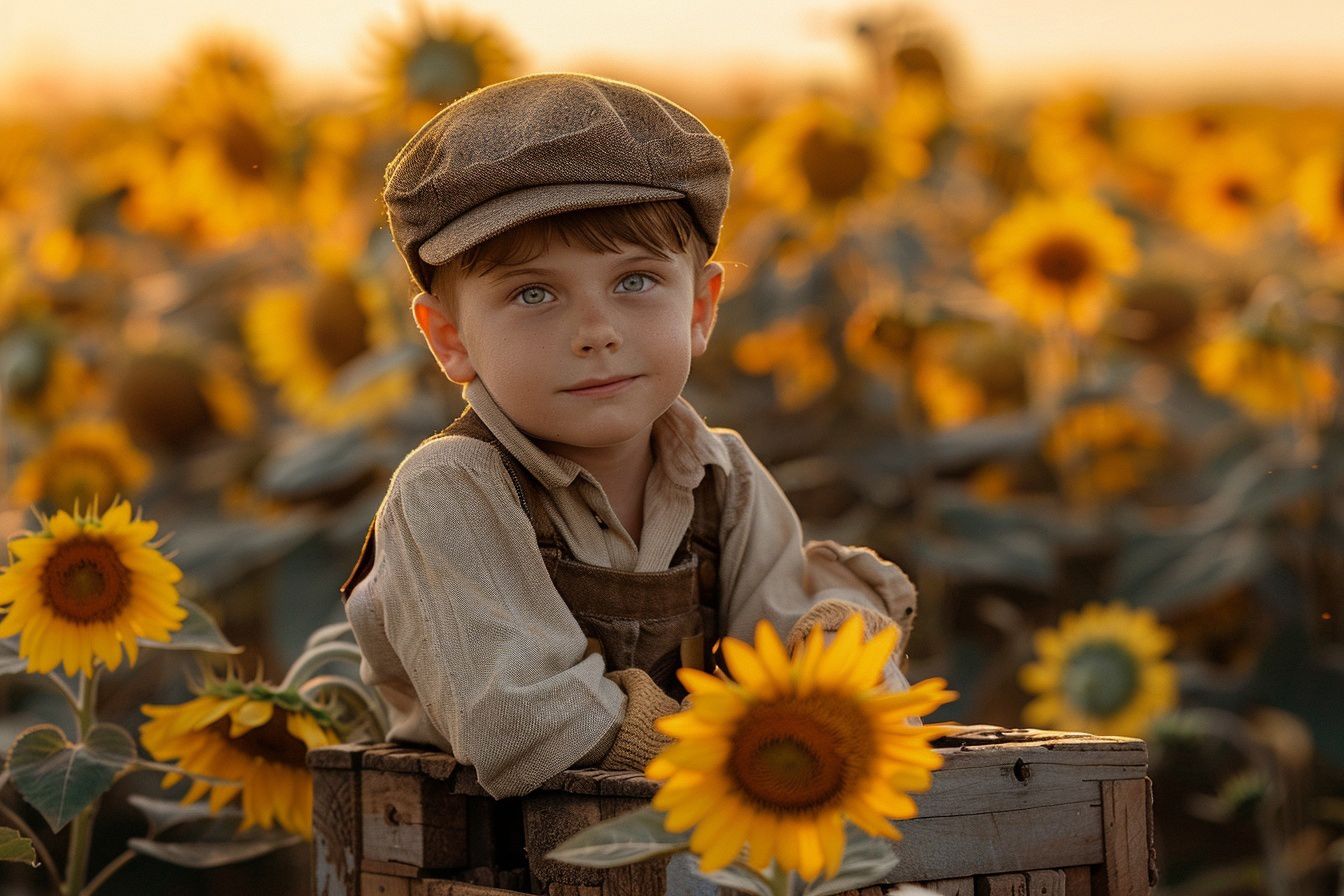 Vintage-styled portrait in sunflower field with newsboy cap and rustic clothing.