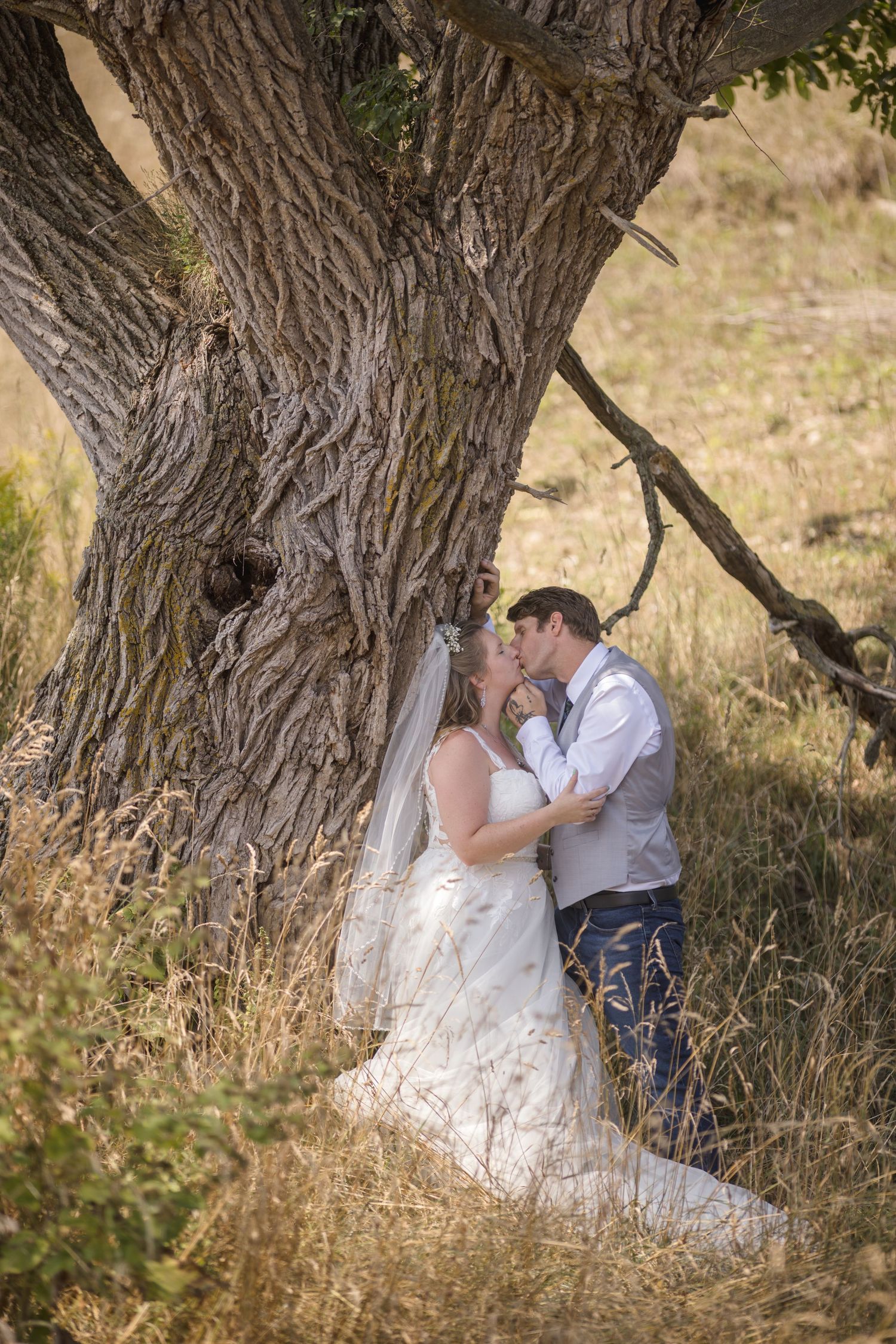 Romantic wedding photos captured under large tree trunk in rustic outdoor setting.