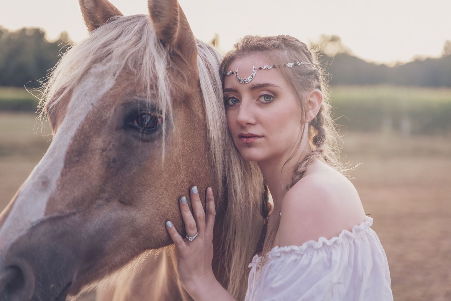Ethereal outdoor portrait session with a brown horse in golden sunlight.