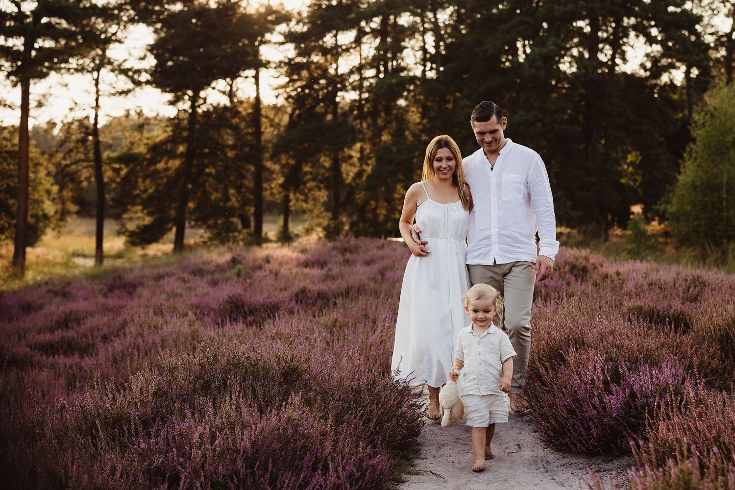 Family walking through purple heather fields during sunset photo session.