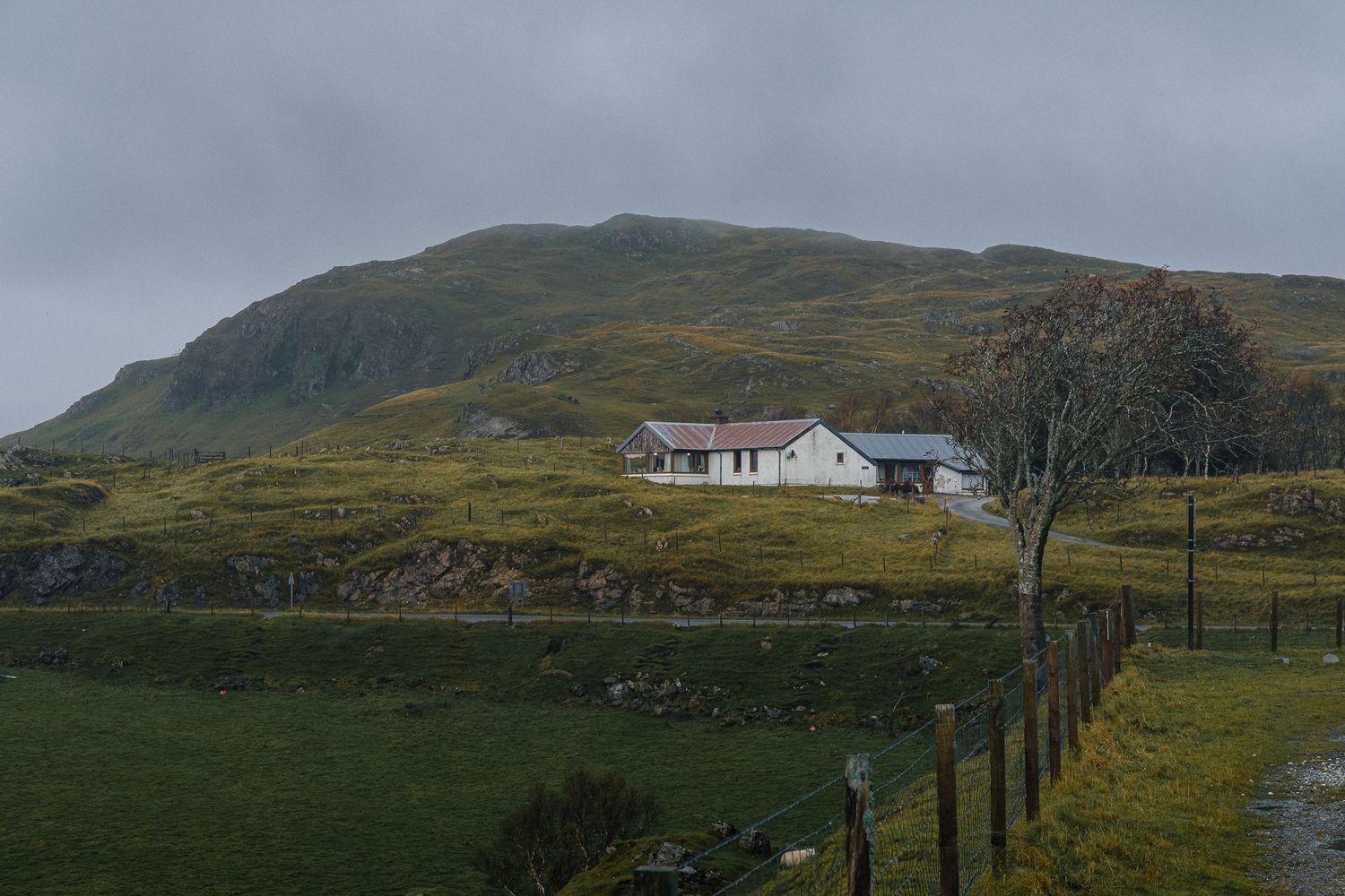 Gîte rural isolé en pierre blanche au pied d'une colline verdoyante, architecture typique pour séjour nature et tourisme durable en Ecosse