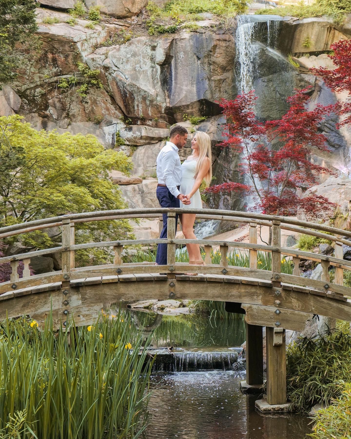 Romantic moment on wooden bridge over pond with red maple trees and waterfall in background.