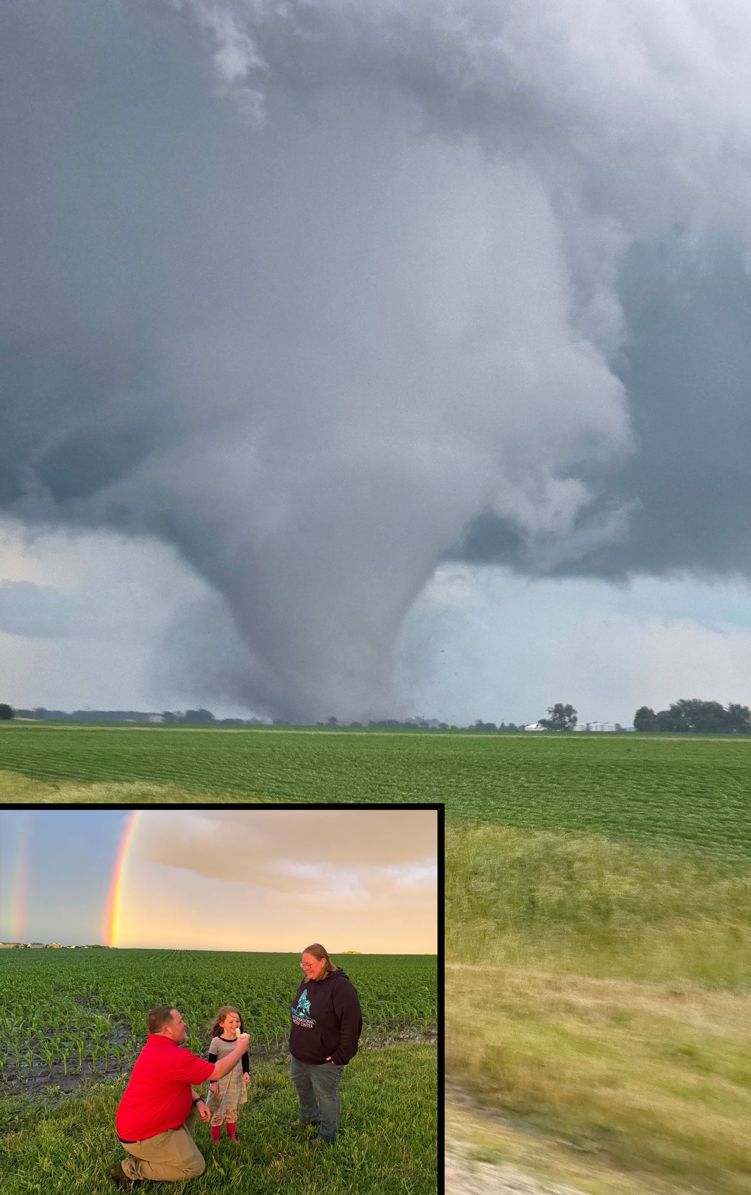 A massive tornado funnel cloud over green fields, with an inset of a marriage proposal in front of a rainbow.