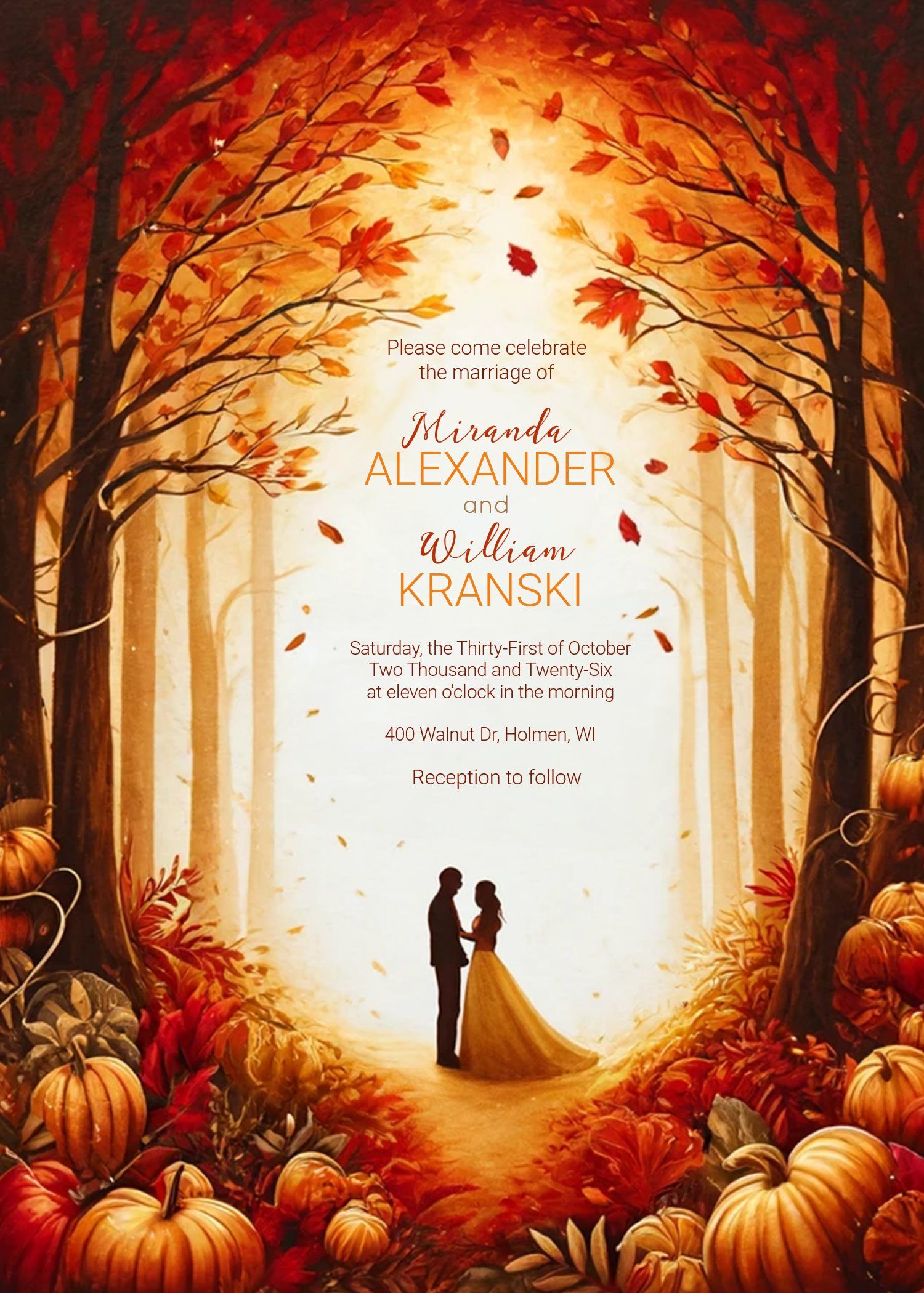 Autumn wedding invitation with couple silhouette in enchanted fall forest, pumpkins, orange leaves, October 31st ceremony.