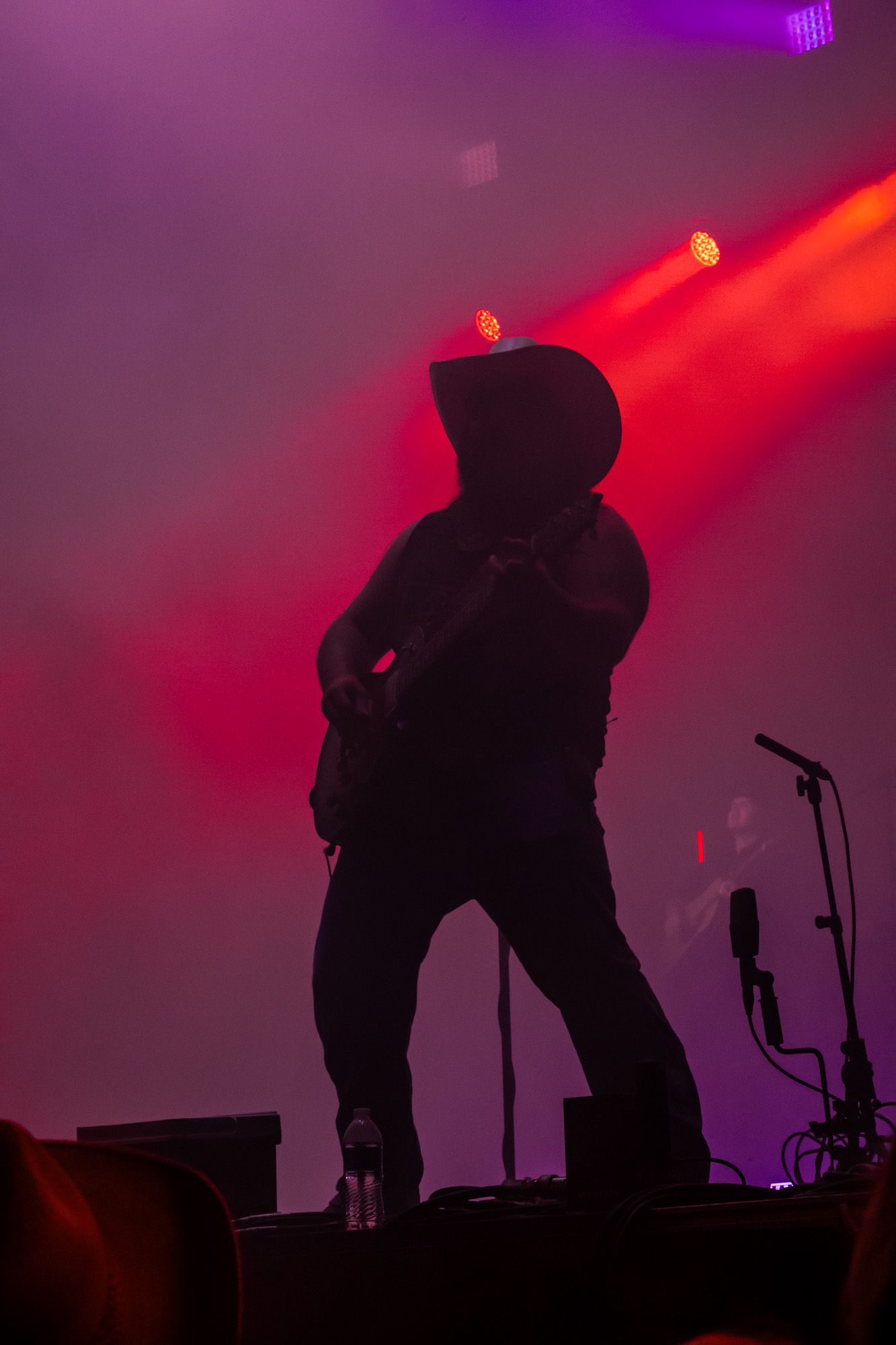 Silhouetted performers on stage with dramatic red and purple concert lighting.