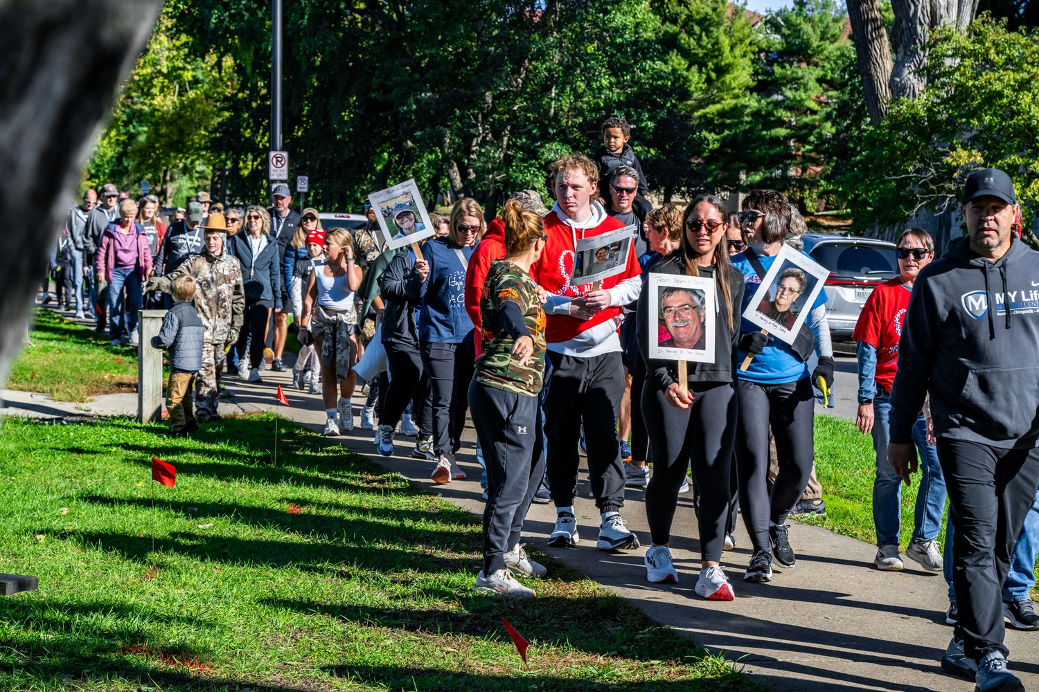 Large crowd of people walking along a tree-lined path during an outdoor community event.