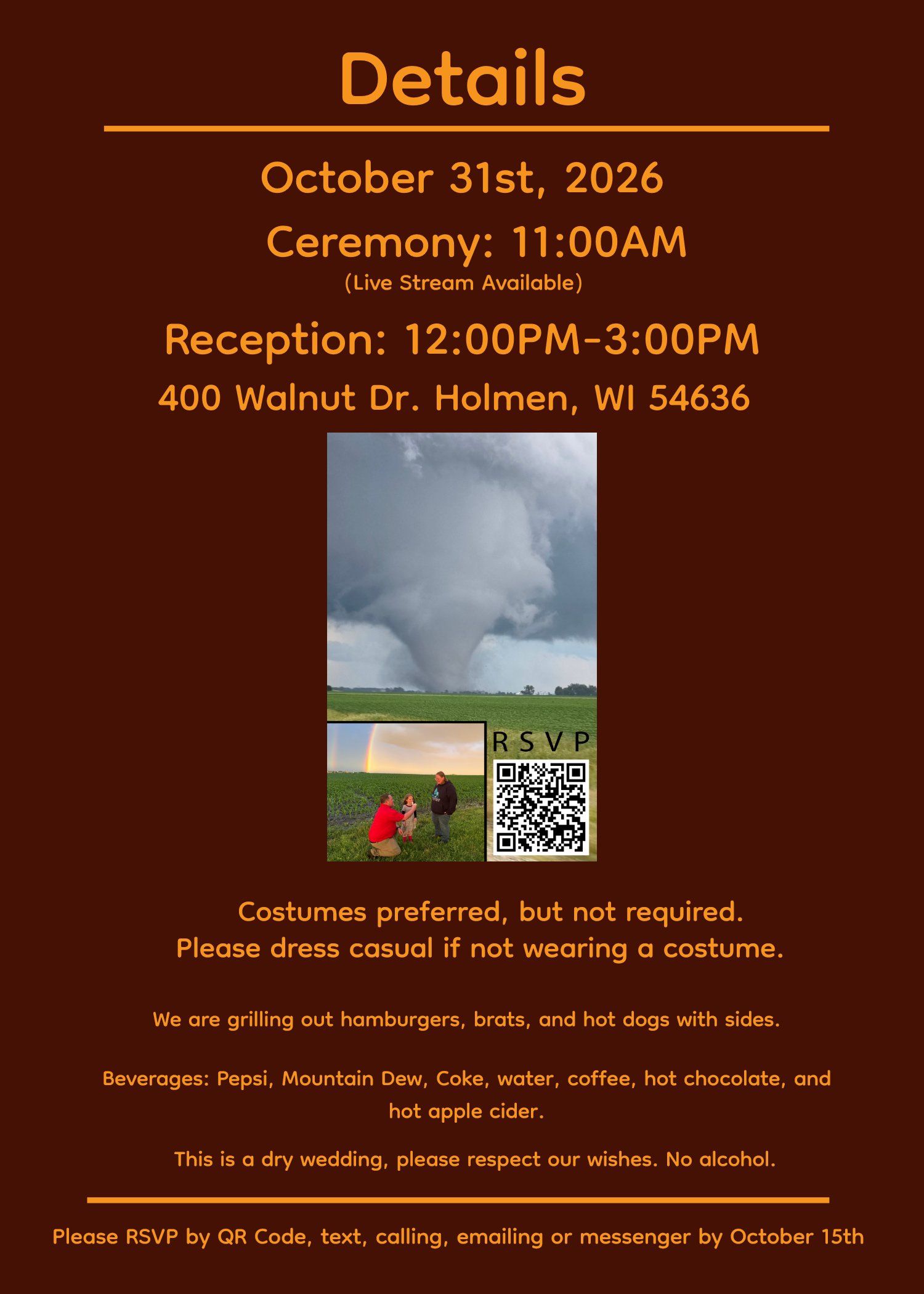 Wedding details card for Oct 31 2026 ceremony at 11AM and reception 12-3PM in Holmen WI with costume-friendly dress code.