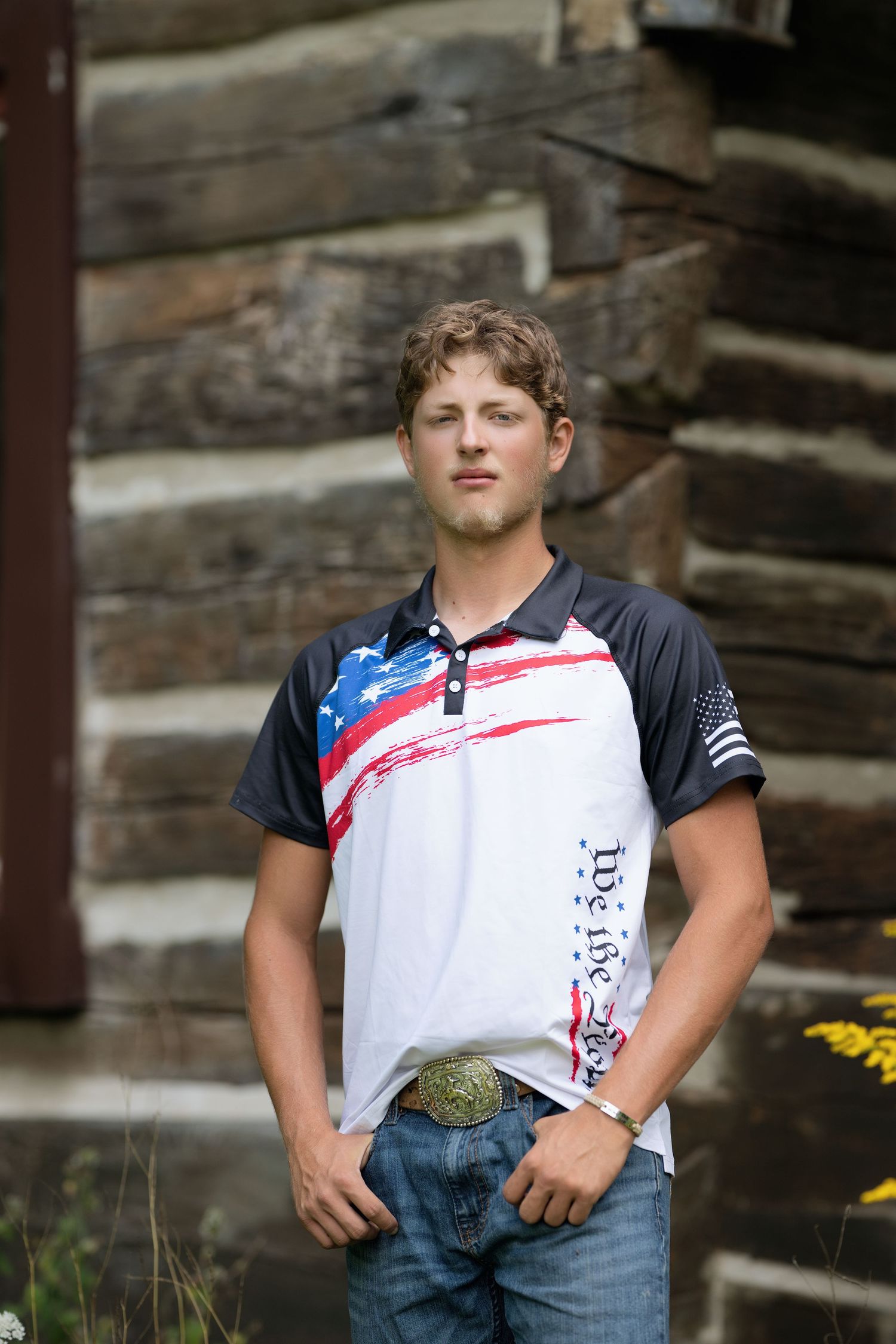 Portrait series featuring patriotic themed clothing against rustic wooden background.