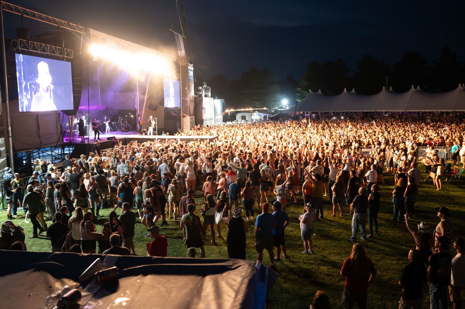 Wide shot of a massive concert crowd gathered in front of an illuminated stage at night.