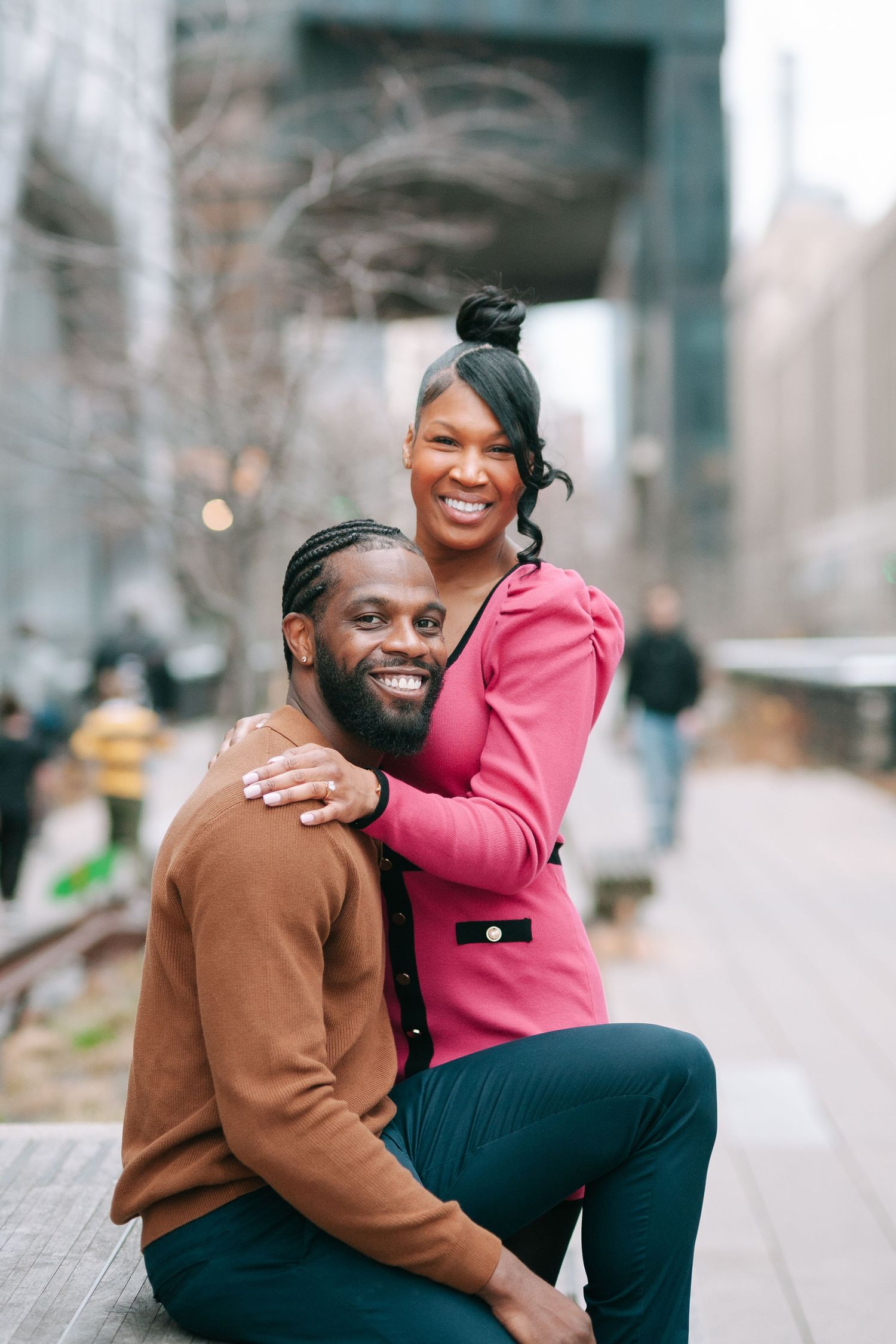 Recently engaged couple on The High Line in New York City