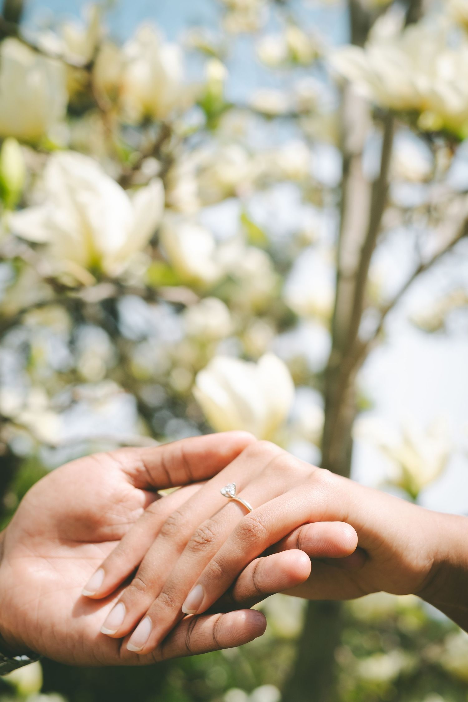 Two hands, one showing an engagement ring with flowers in the background