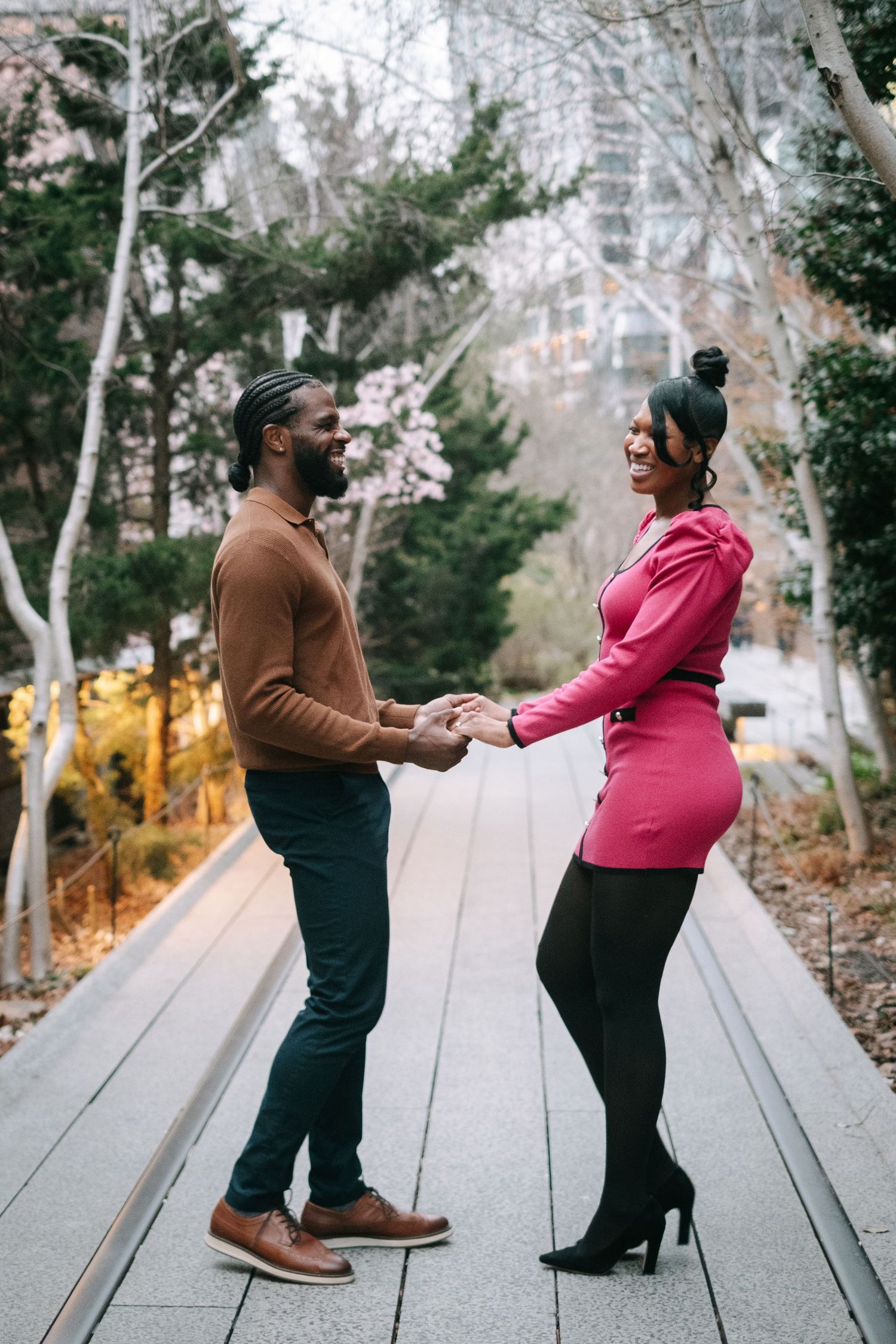 Recently engaged couple on The High Line in New York City