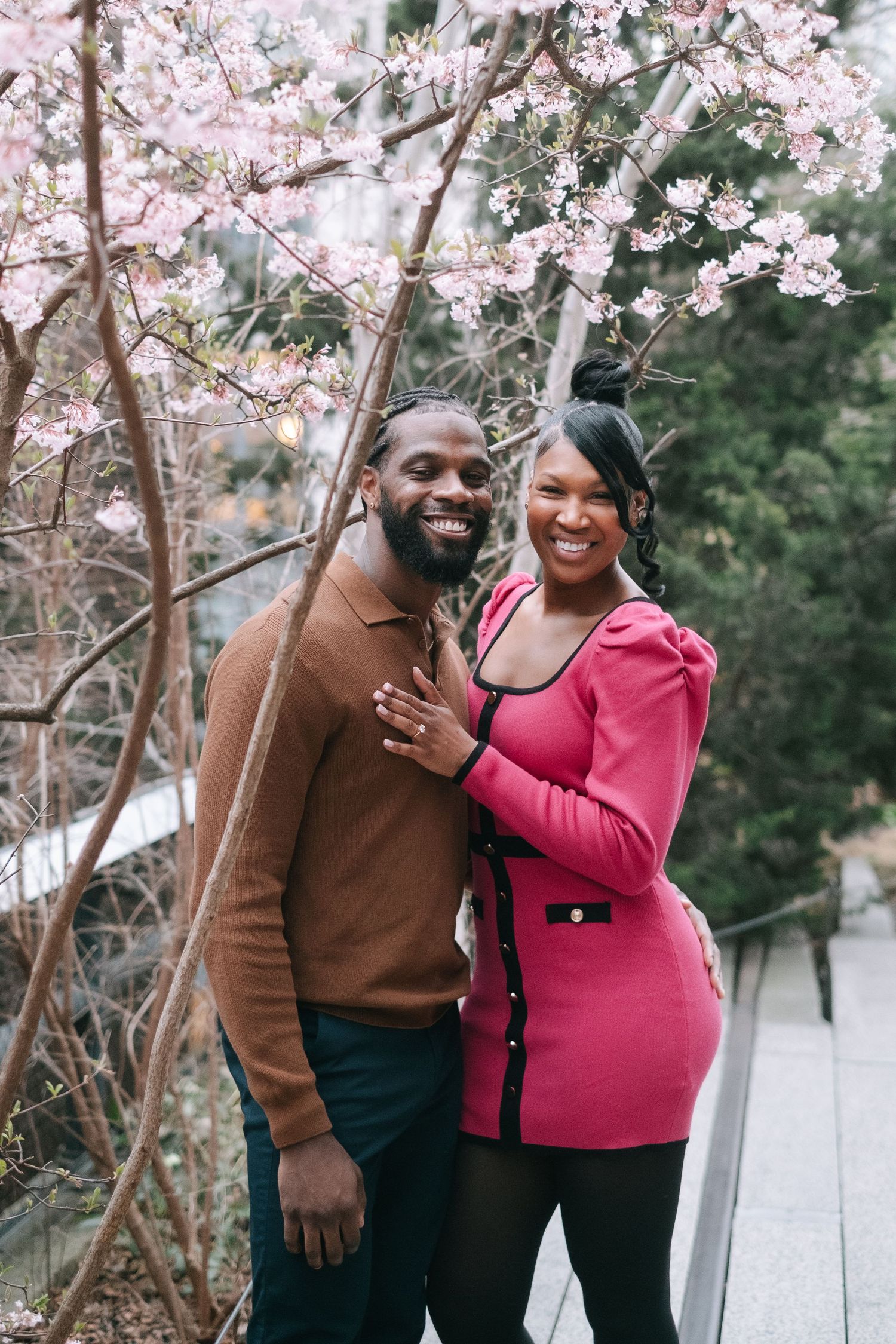 Recently engaged couple on The High Line in New York City