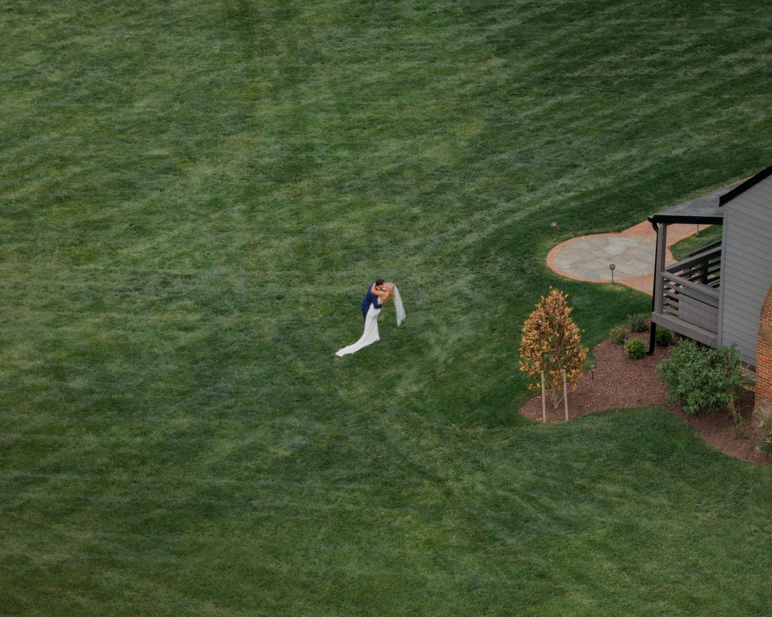 Drone view of an outdoor wedding ceremony at Christian Royer House in Westminster, Maryland